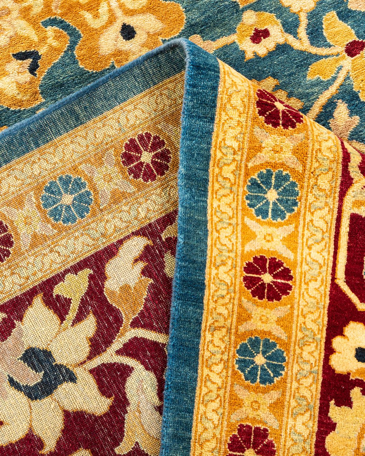 Wool One-Of-A-Kind Hand Knotted Floral Mogul Blue Area Rug For Sale