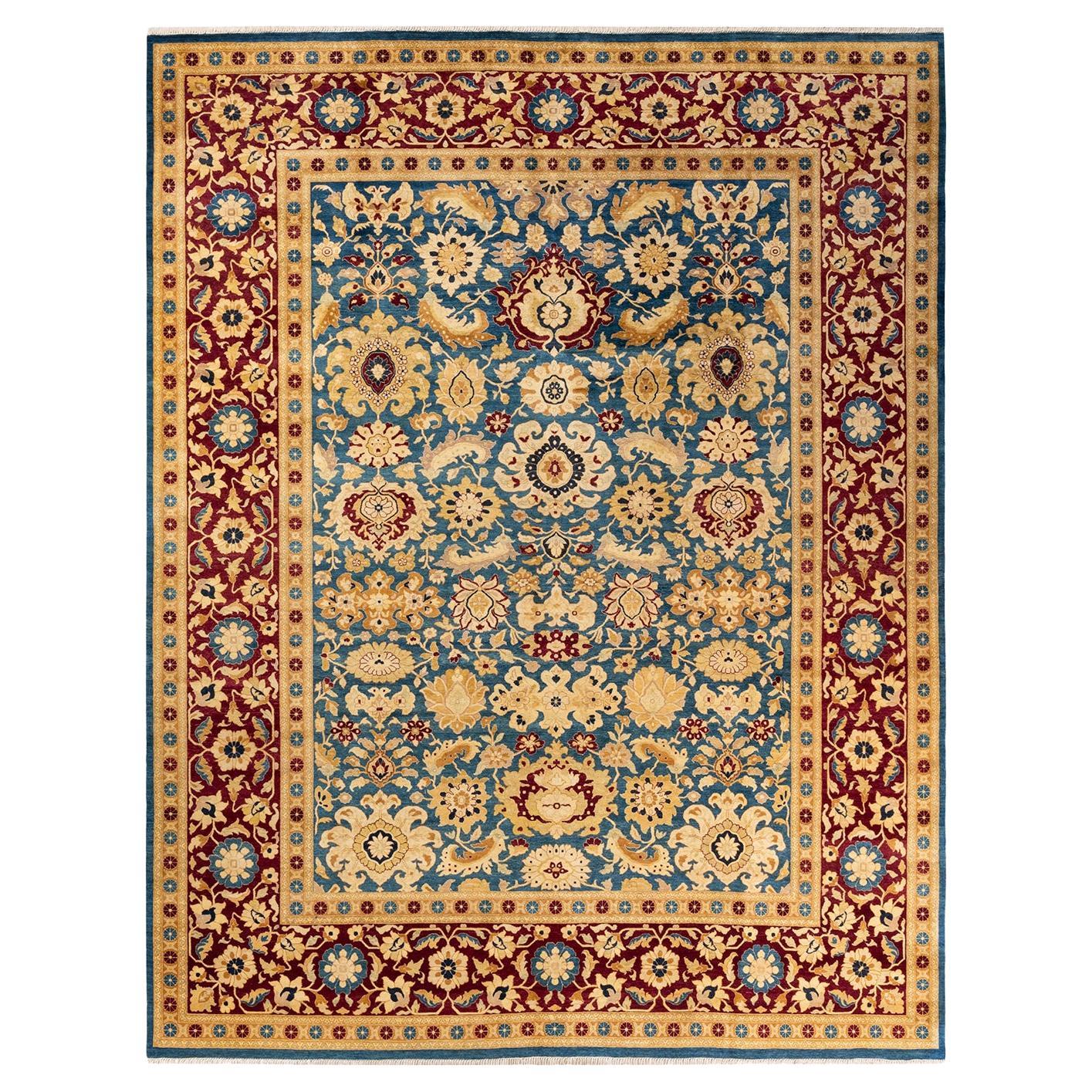 One-Of-A-Kind Hand Knotted Floral Mogul Blue Area Rug For Sale