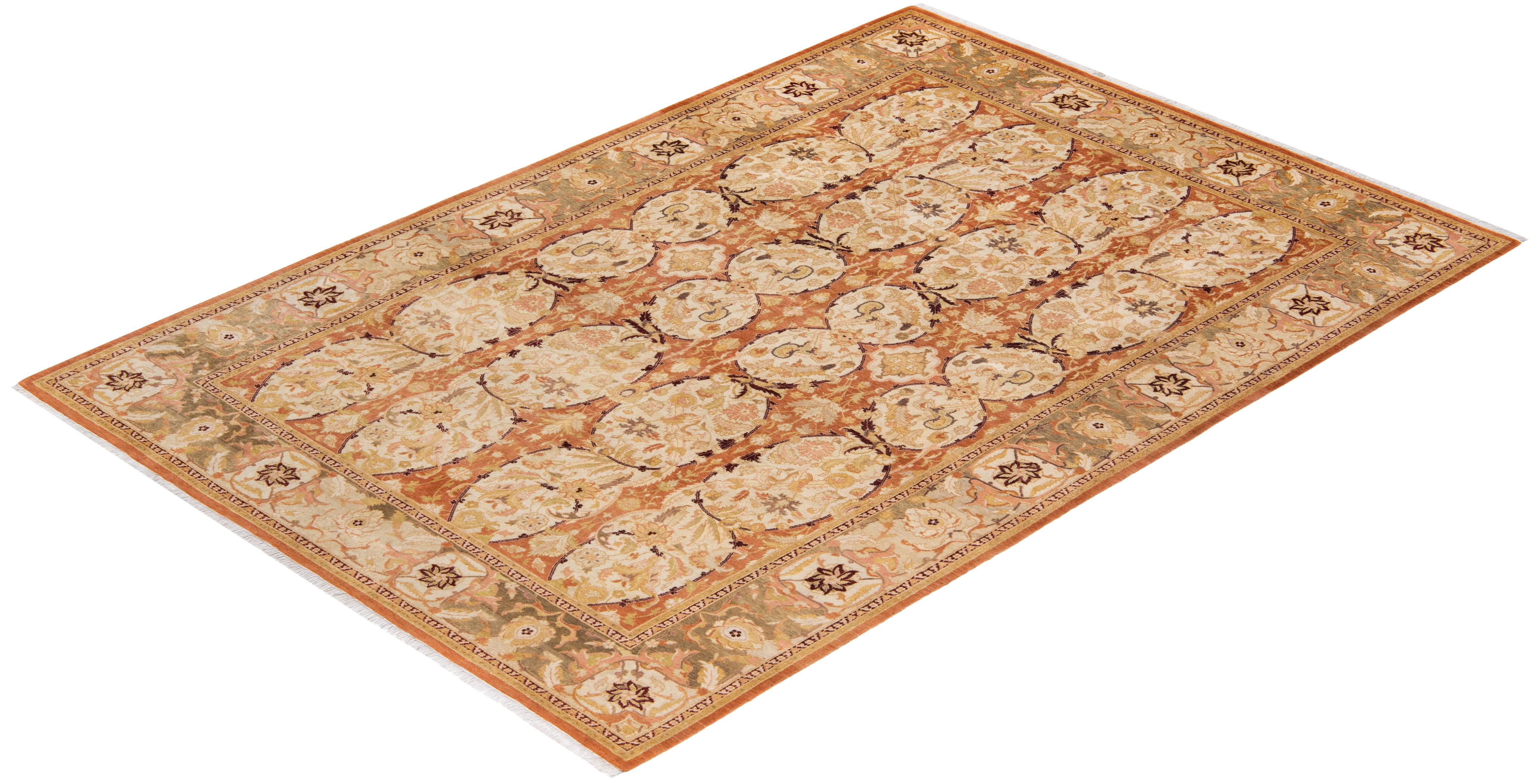 One-of-a-kind Hand Knotted Floral Mogul Brown Area Rug For Sale 2