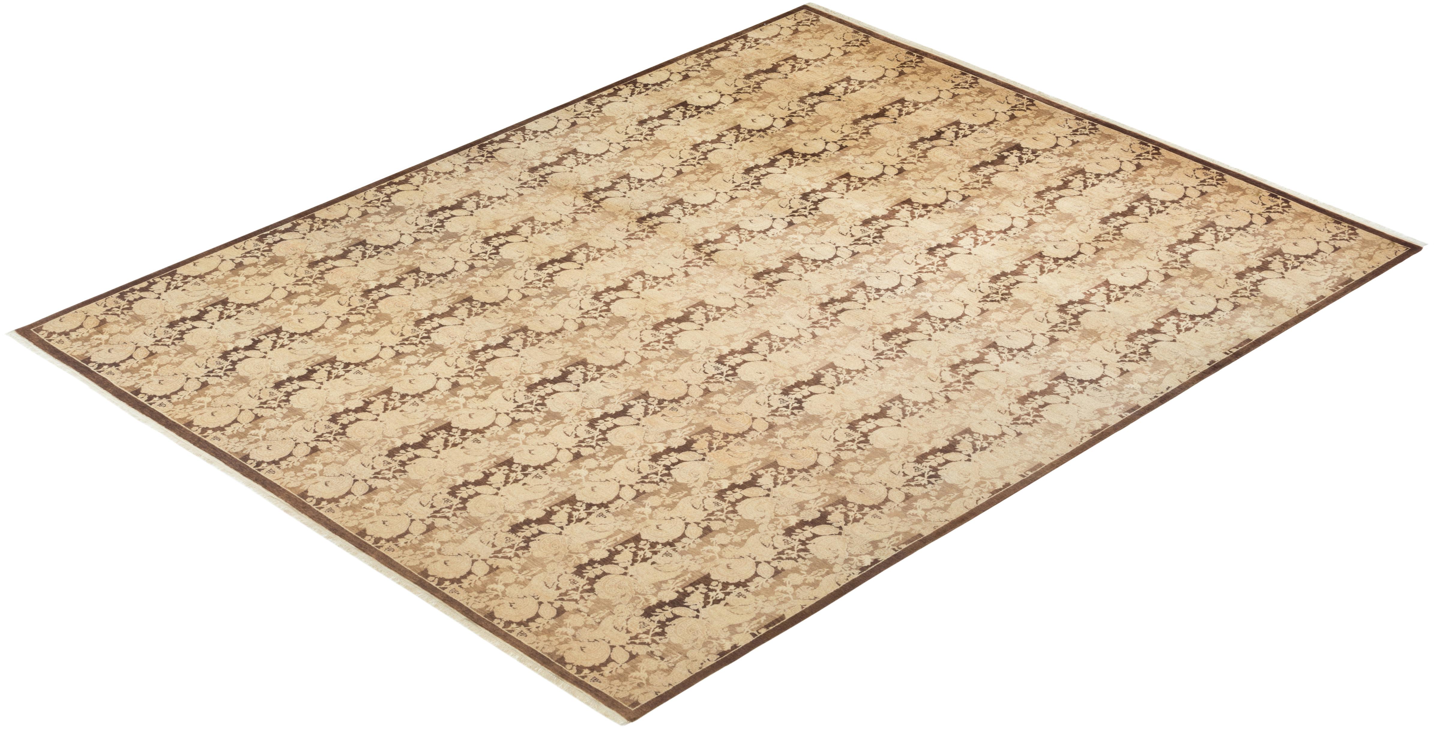 One-of-a-kind Hand Knotted Floral Mogul Brown Area Rug For Sale 2