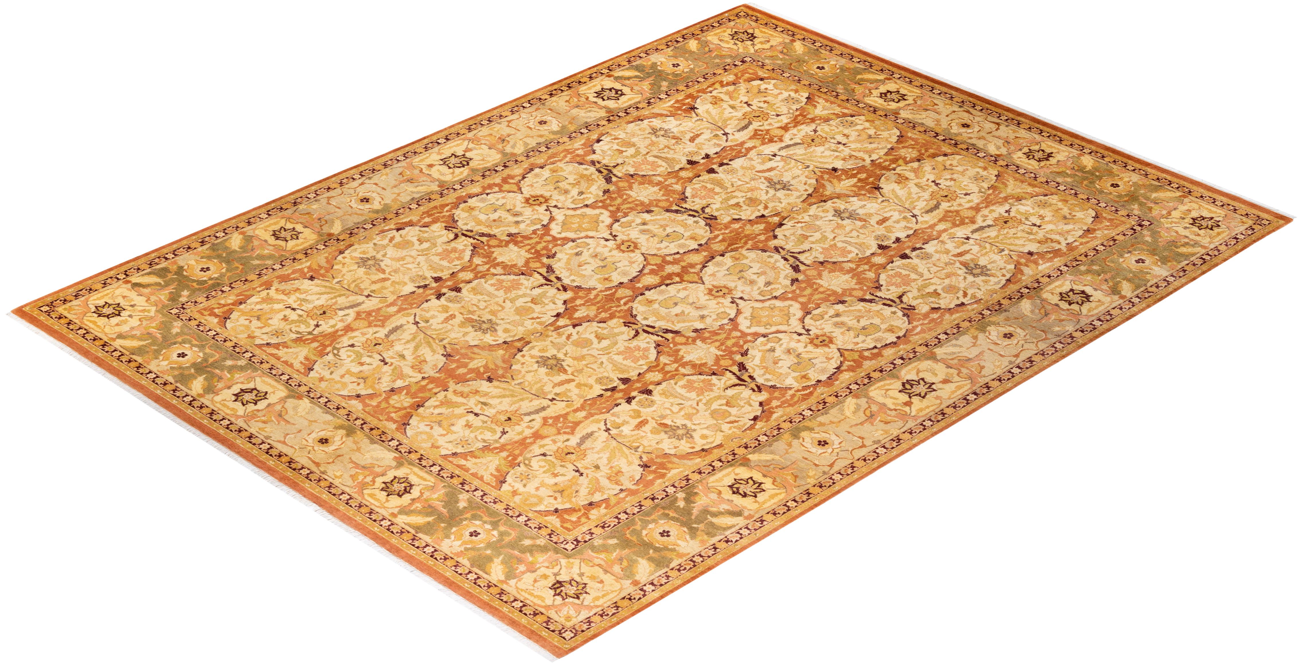 One-of-a-Kind Hand Knotted Floral Mogul Brown Area Rug For Sale 2