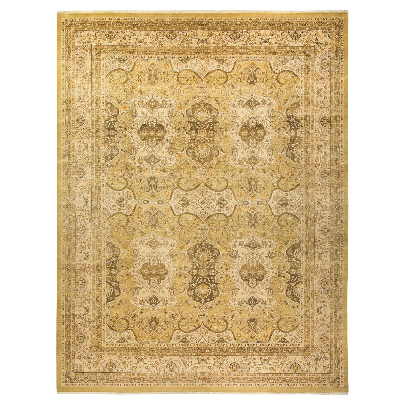 One-of-a-Kind Hand Knotted Floral Mogul Green Area Rug