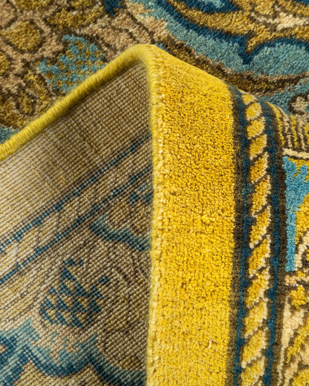 Laine Tapis Mogul vert à fleurs noué à la main, unique en son genre en vente