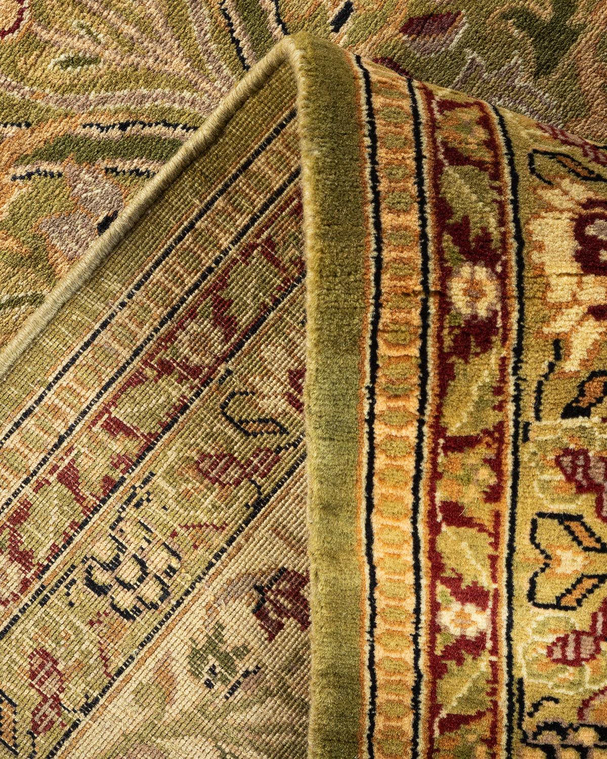 Laine Tapis Mogul vert à fleurs noué à la main, unique en son genre en vente