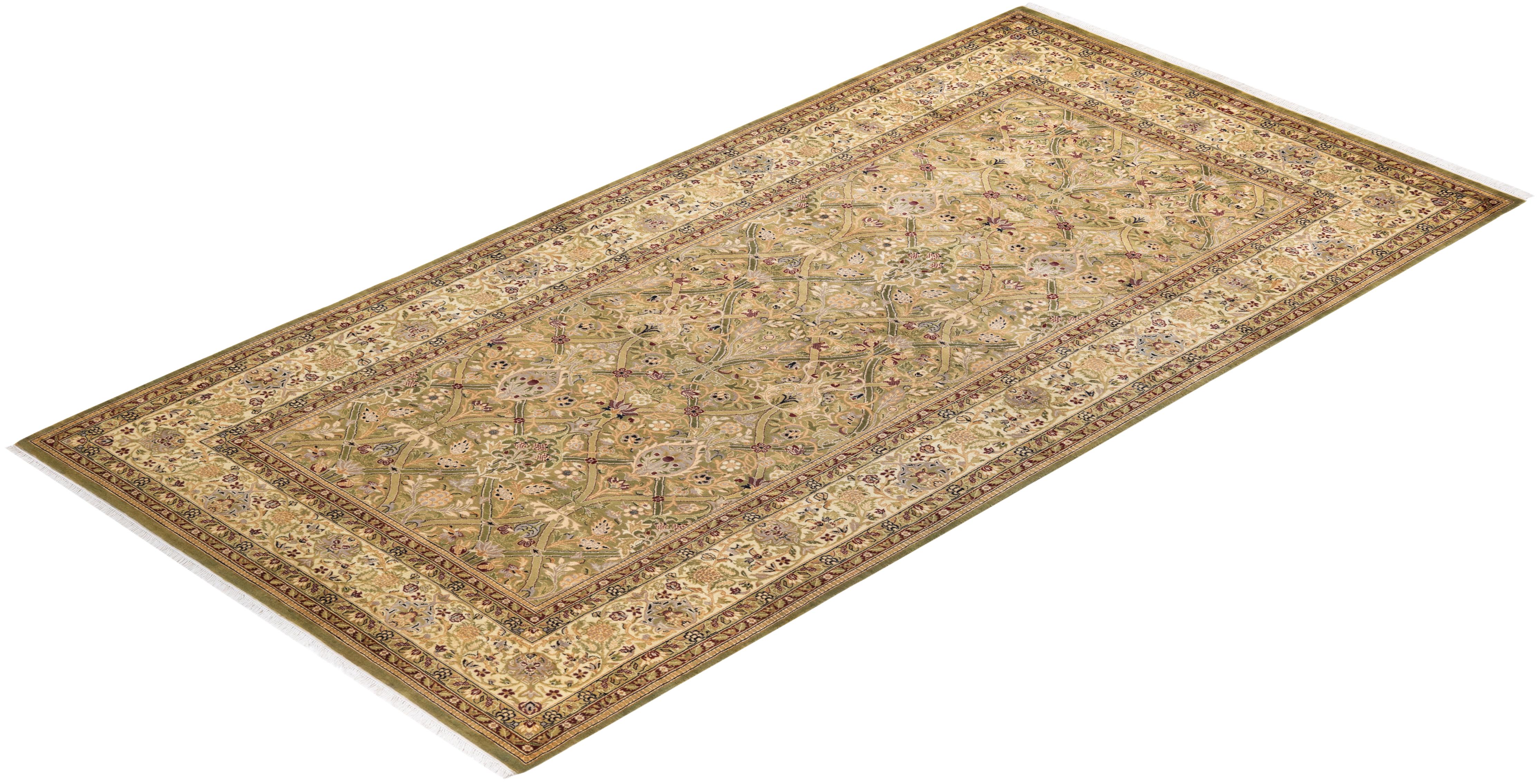 Tapis Mogul vert à fleurs noué à la main, unique en son genre en vente 2