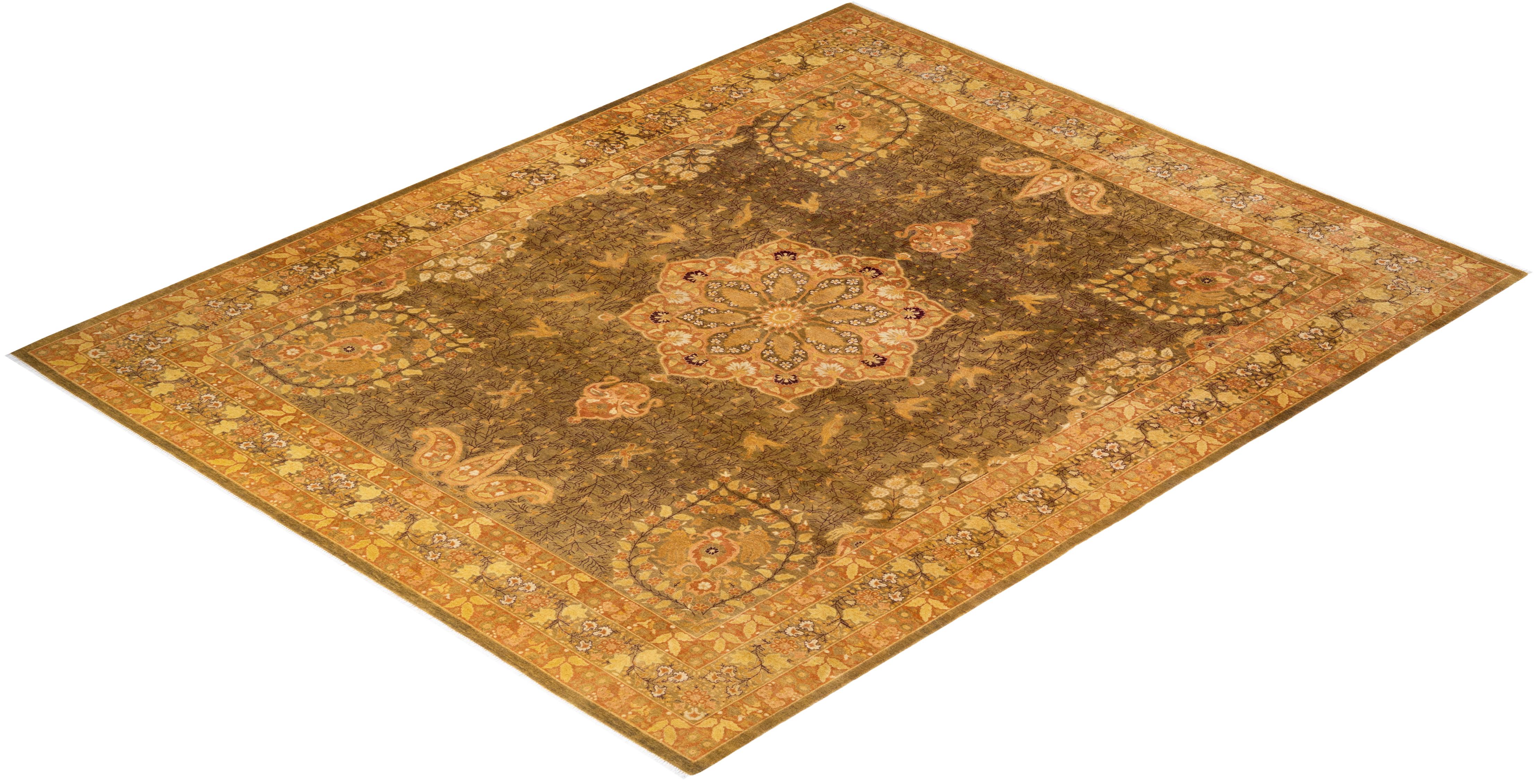 Tapis Mogul vert à fleurs noué à la main, unique en son genre en vente 2