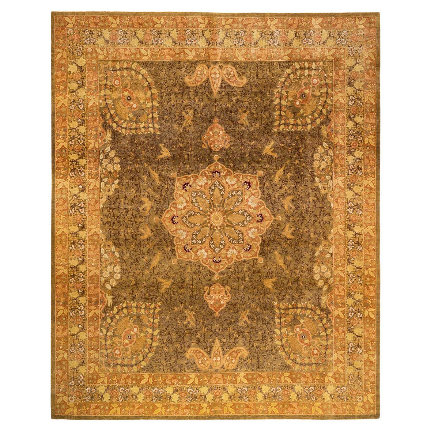One-Of-A-Kind Hand Knotted Floral Mogul Green Area Rug