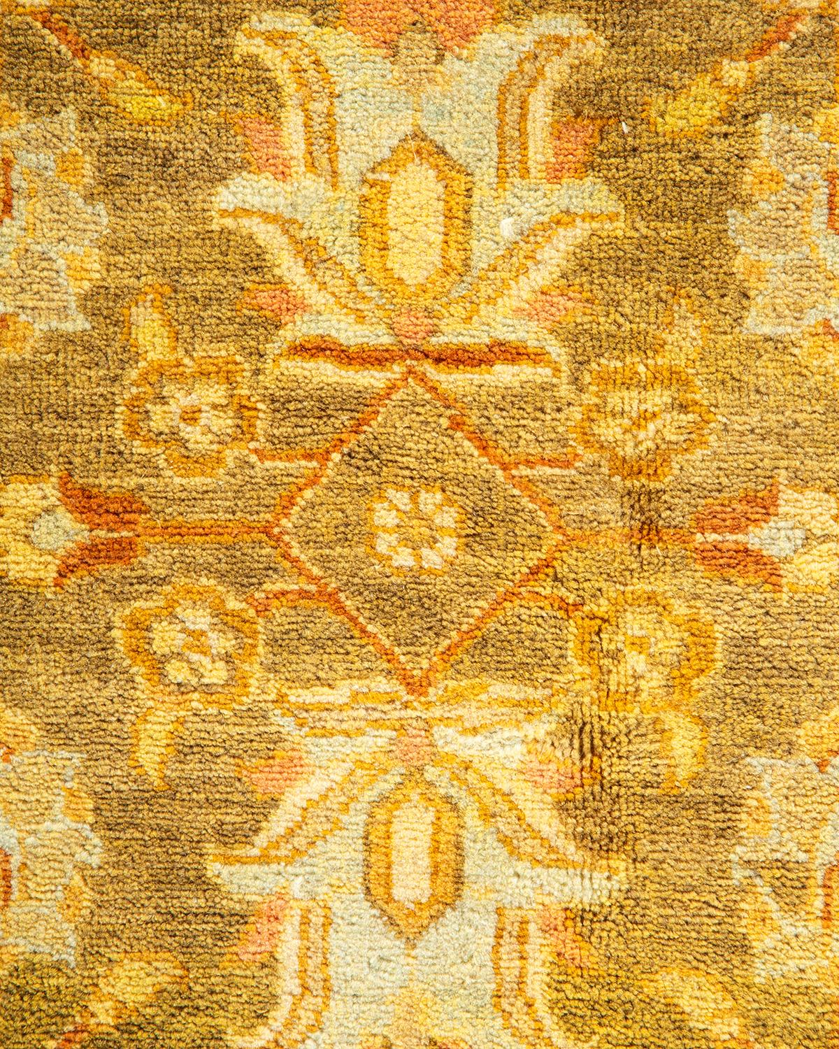 Pakistani One-of-a-kind Hand Knotted Floral Mogul Green Area Rug For Sale