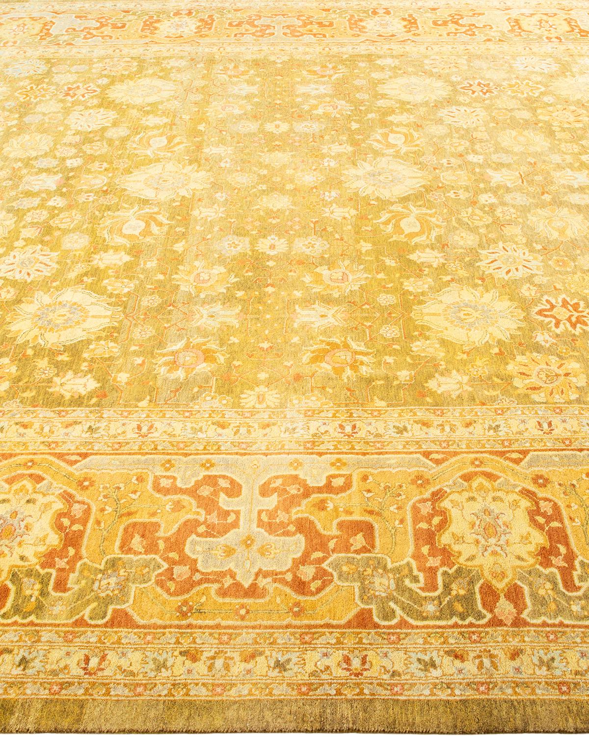 One-of-a-kind Hand Knotted Floral Mogul Green Area Rug In New Condition For Sale In Norwalk, CT