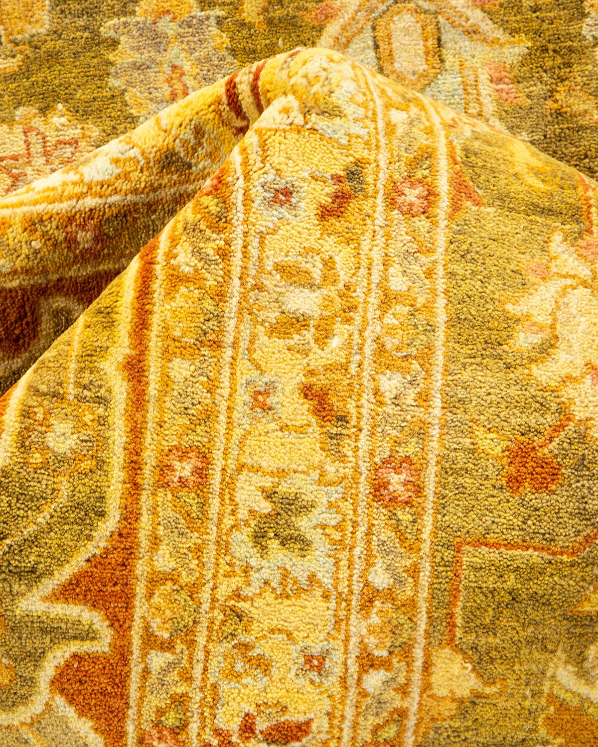 One-of-a-kind Hand Knotted Floral Mogul Green Area Rug For Sale 1