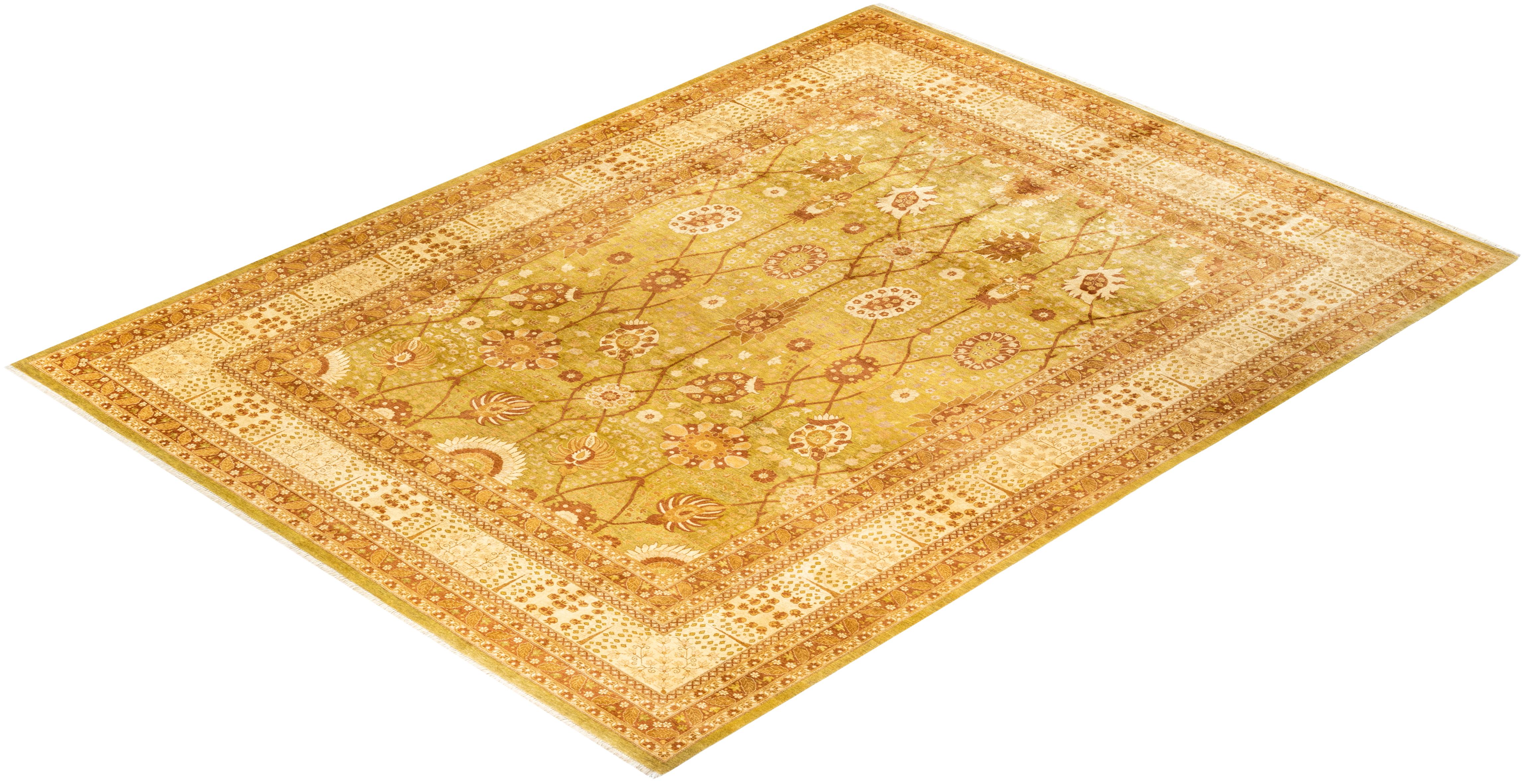 Alfombra única anudada a mano Floral Mogul Verde en venta 2