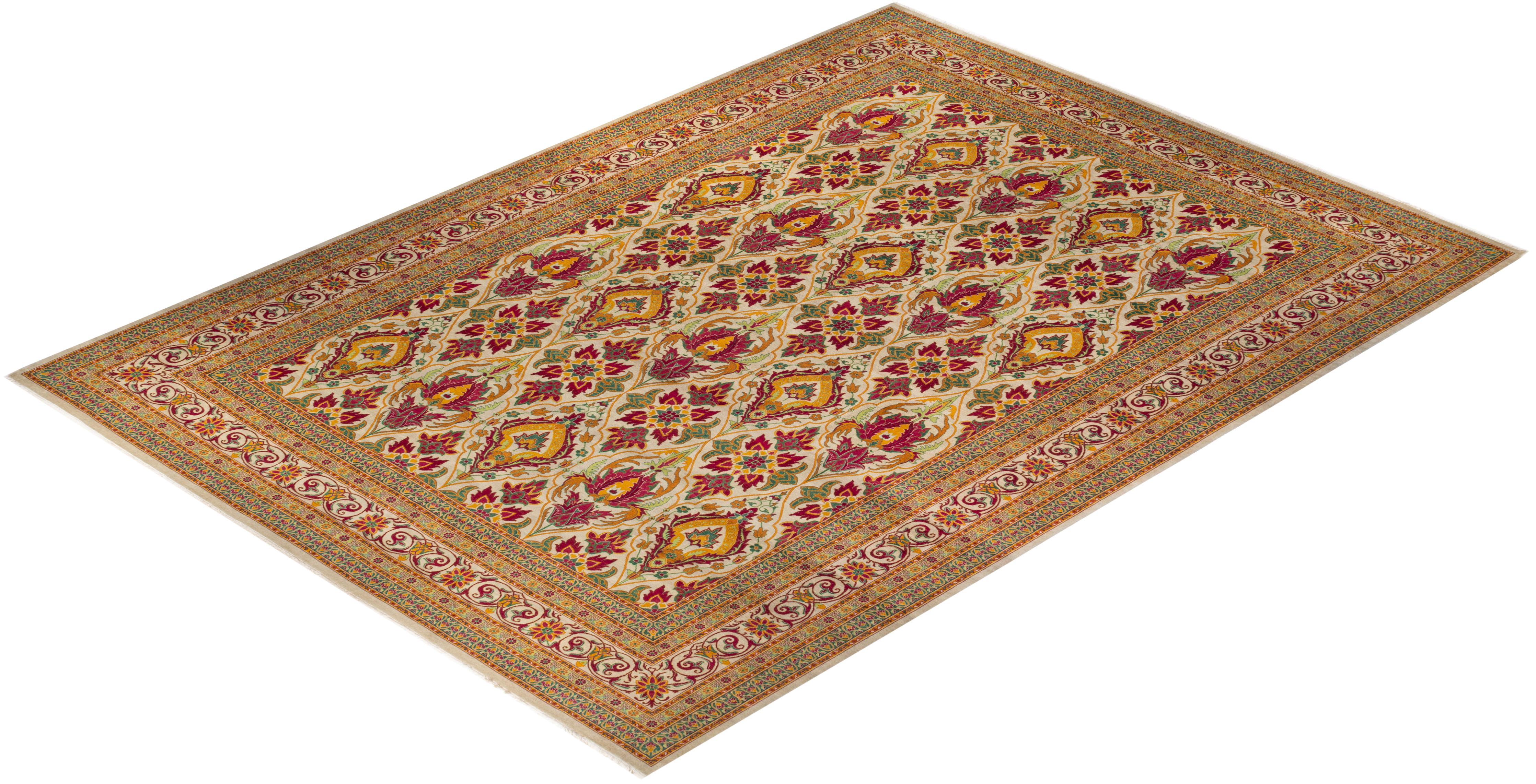 Handgeknüpfter elfenbeinfarbener Mogul-Teppich mit Blumenmuster, Unikat im Angebot 2