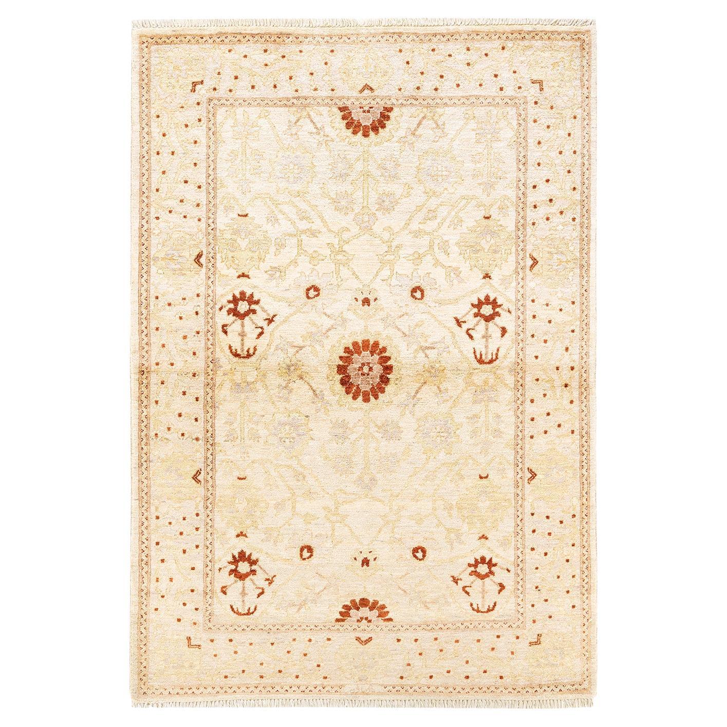 One-of-a-Kind Hand Knotted Floral Mogul Ivory Area Rug For Sale
