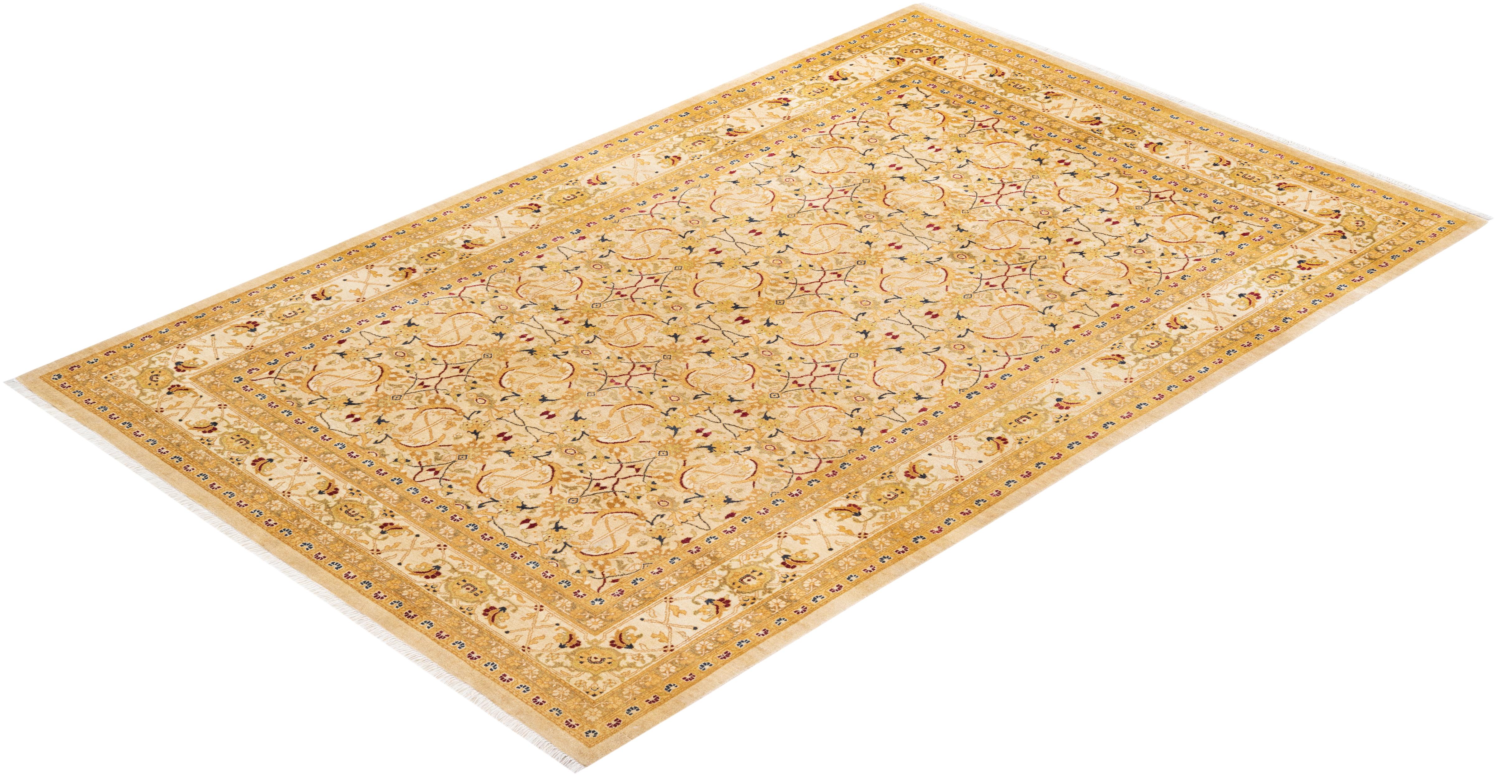 One-Of-A-Kind Hand Knotted Floral Mogul Ivory Area Rug For Sale 2