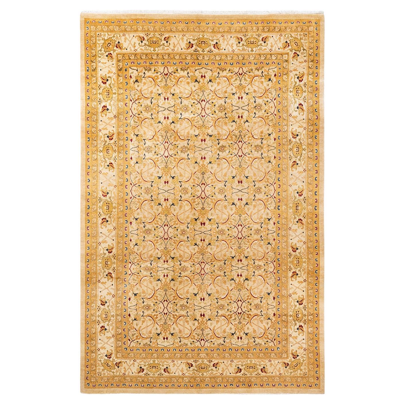 One-Of-A-Kind Hand Knotted Floral Mogul Ivory Area Rug For Sale