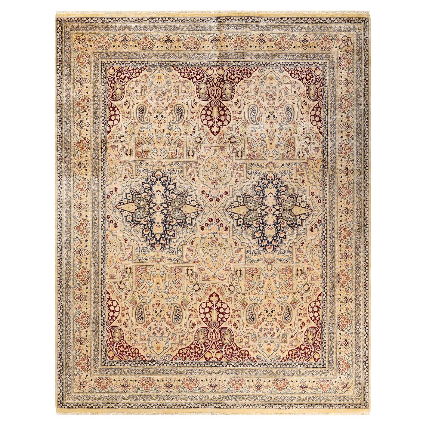 One-of-a-kind Hand Knotted Floral Mogul Ivory Area Rug 8' 1" x 10' 9" For Sale
