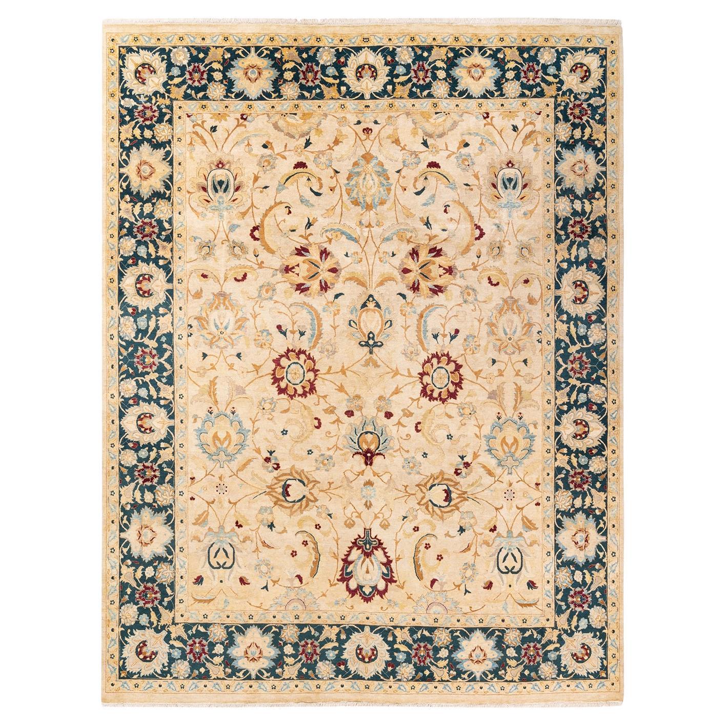 One-of-a-Kind Hand Knotted Floral Mogul Ivory Area Rug 8' 1" x 9' 10" For Sale