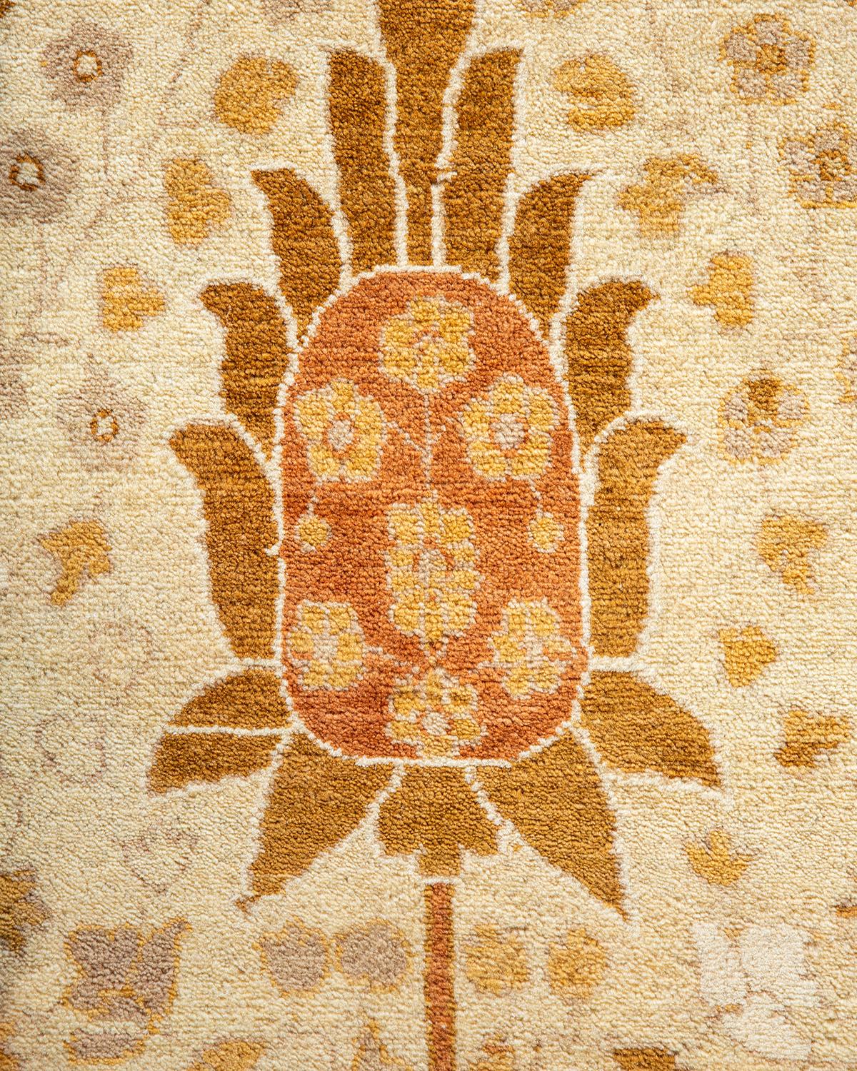 Pakistani One-Of-A-Kind Hand Knotted Floral Mogul Ivory Area Rug For Sale