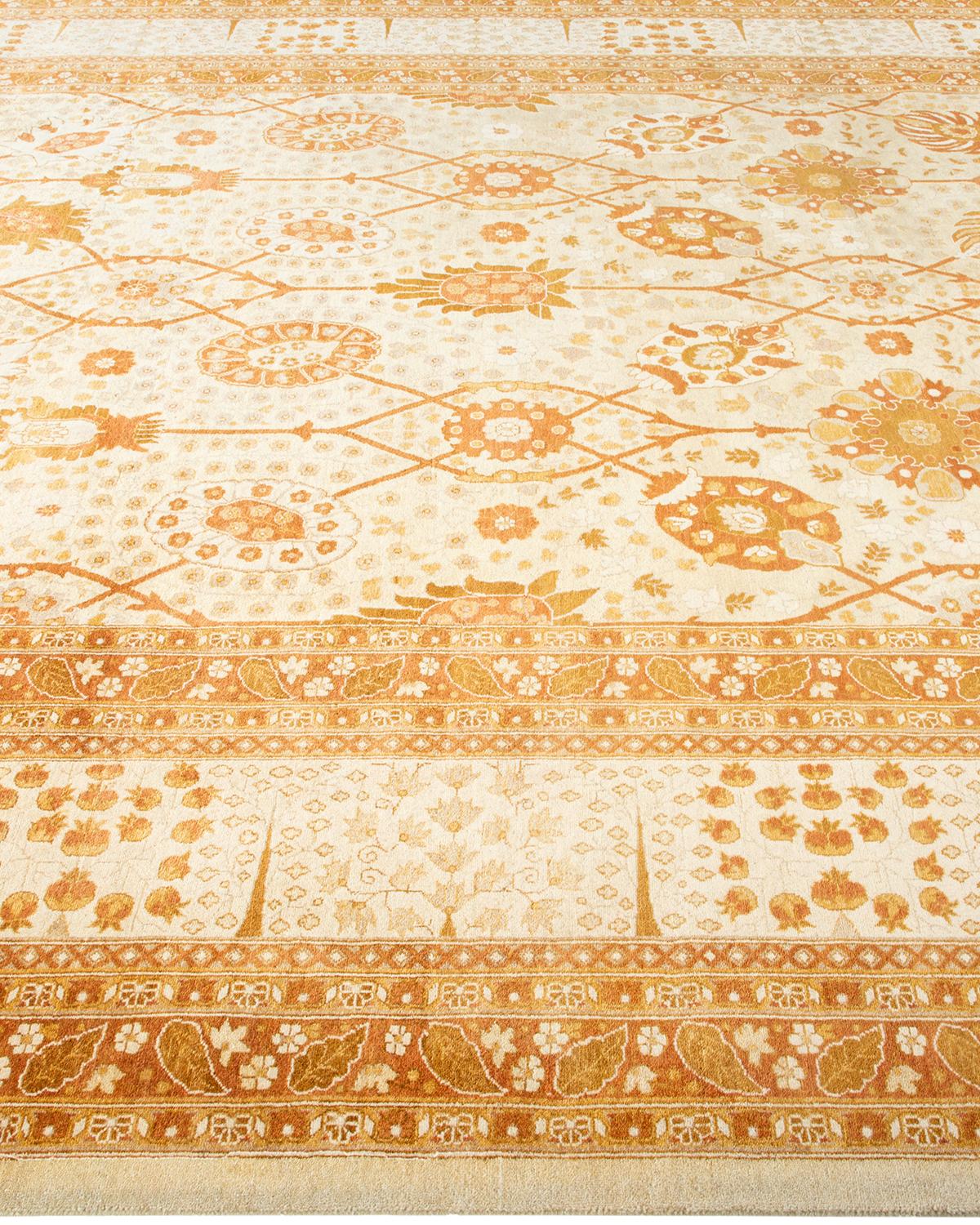 One-Of-A-Kind Hand Knotted Floral Mogul Ivory Area Rug In New Condition For Sale In Norwalk, CT