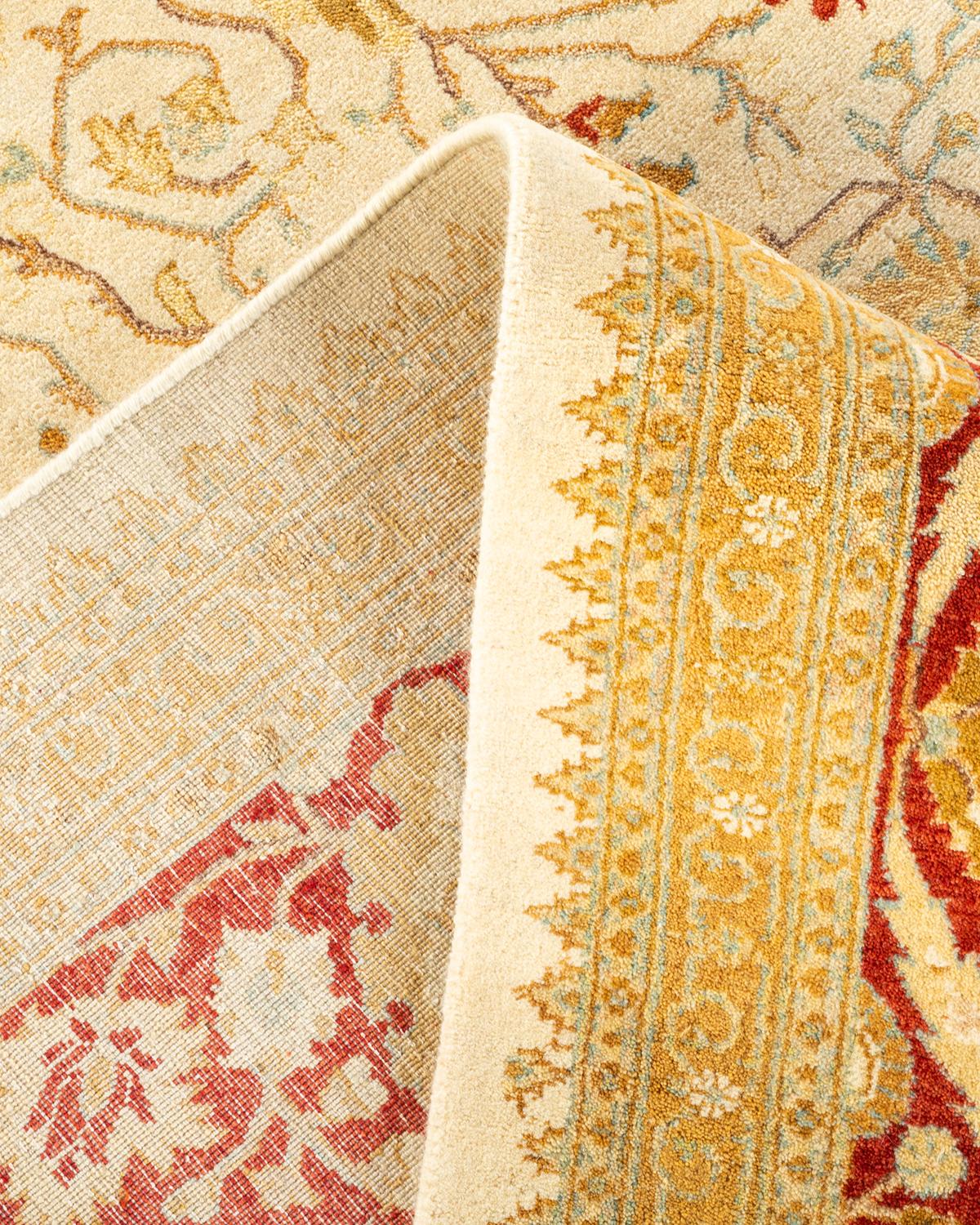Laine Tapis Mogul ivoire à fleurs noué à la main, unique en son genre en vente