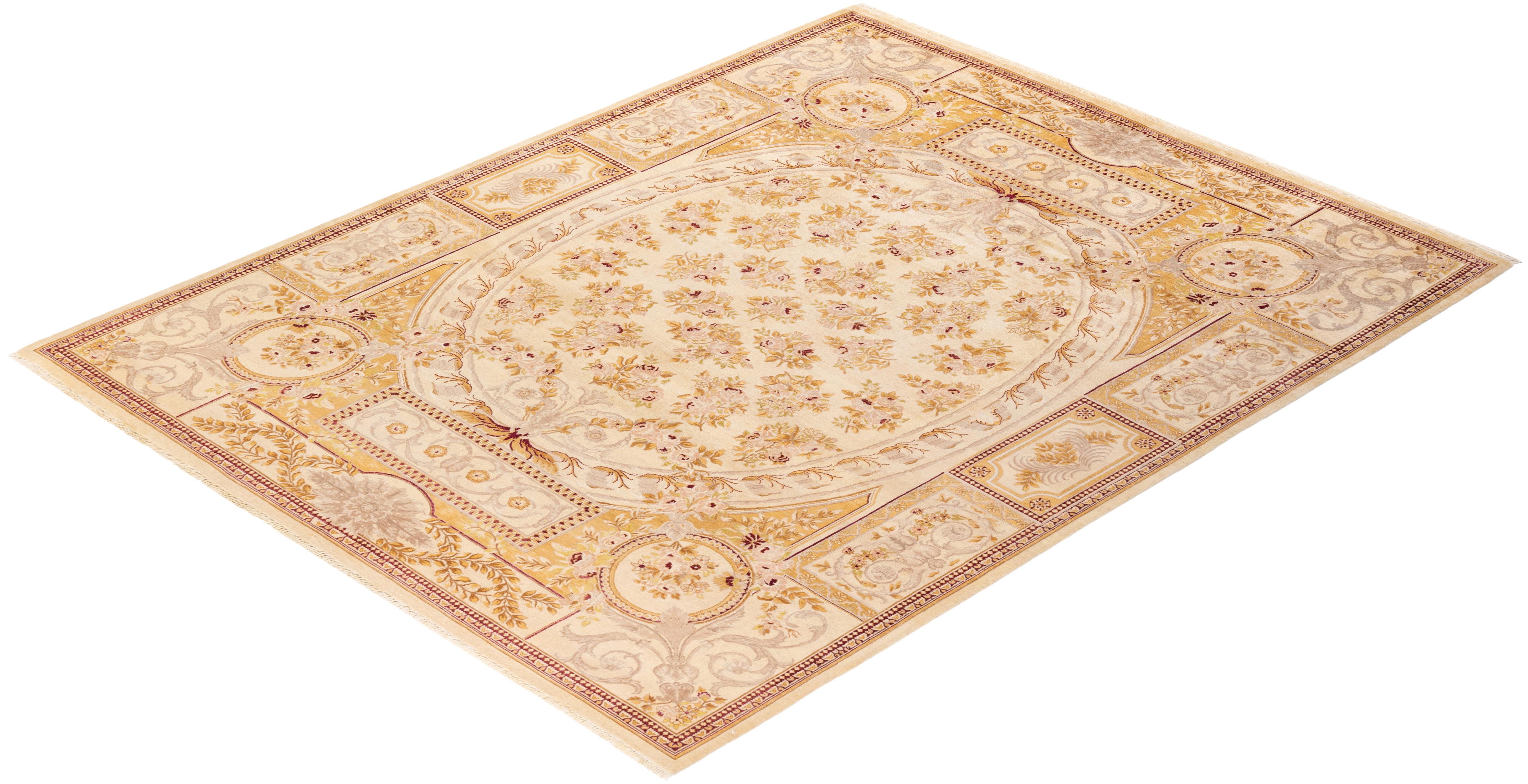 One-of-a-kind Hand Knotted Floral Mogul Ivory Area Rug For Sale 2