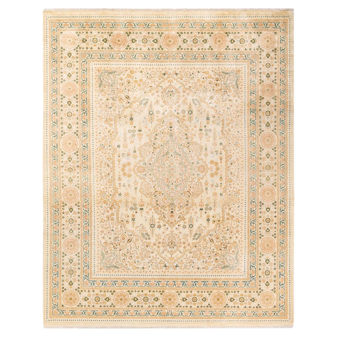 One-Of-A-Kind Hand Knotted Floral Mogul Ivory Area Rug
