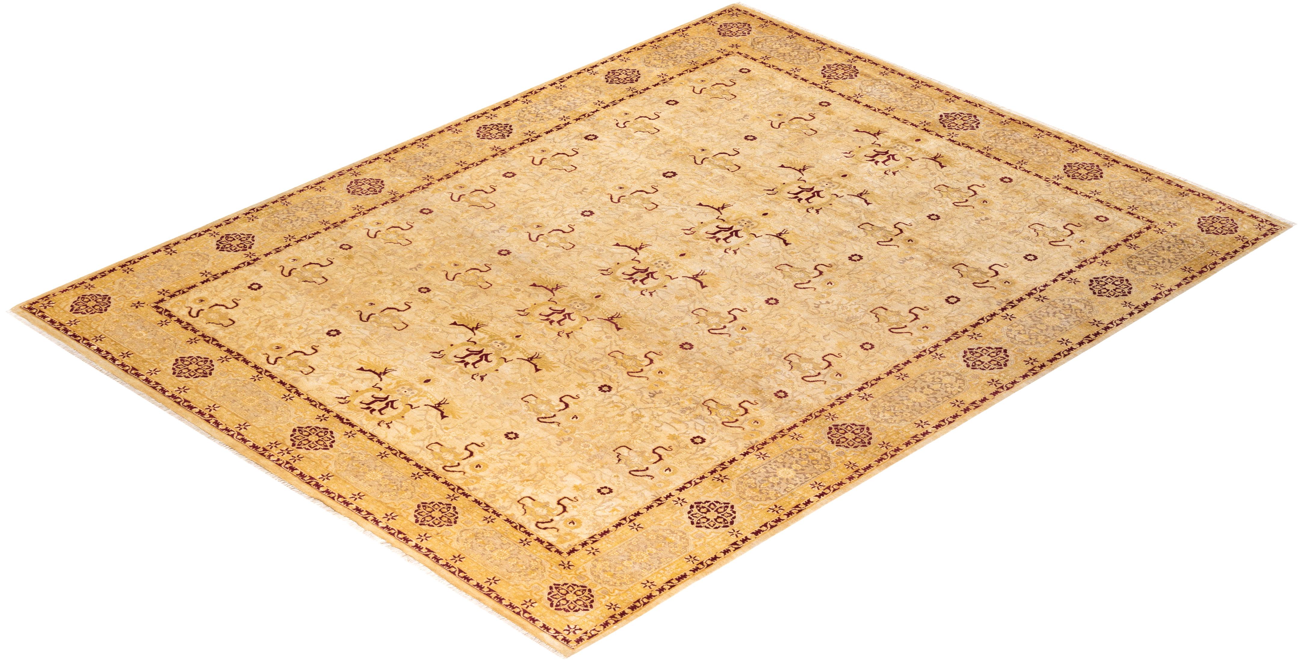One-of-a-kind Hand Knotted Floral Mogul Ivory Area Rug For Sale 2