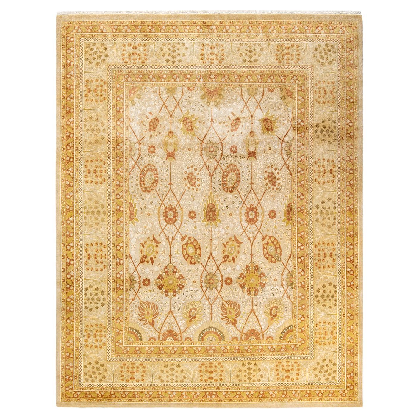 One-of-a-Kind Hand Knotted Floral Mogul Ivory Area Rug 8' 4" x 10' 6" For Sale