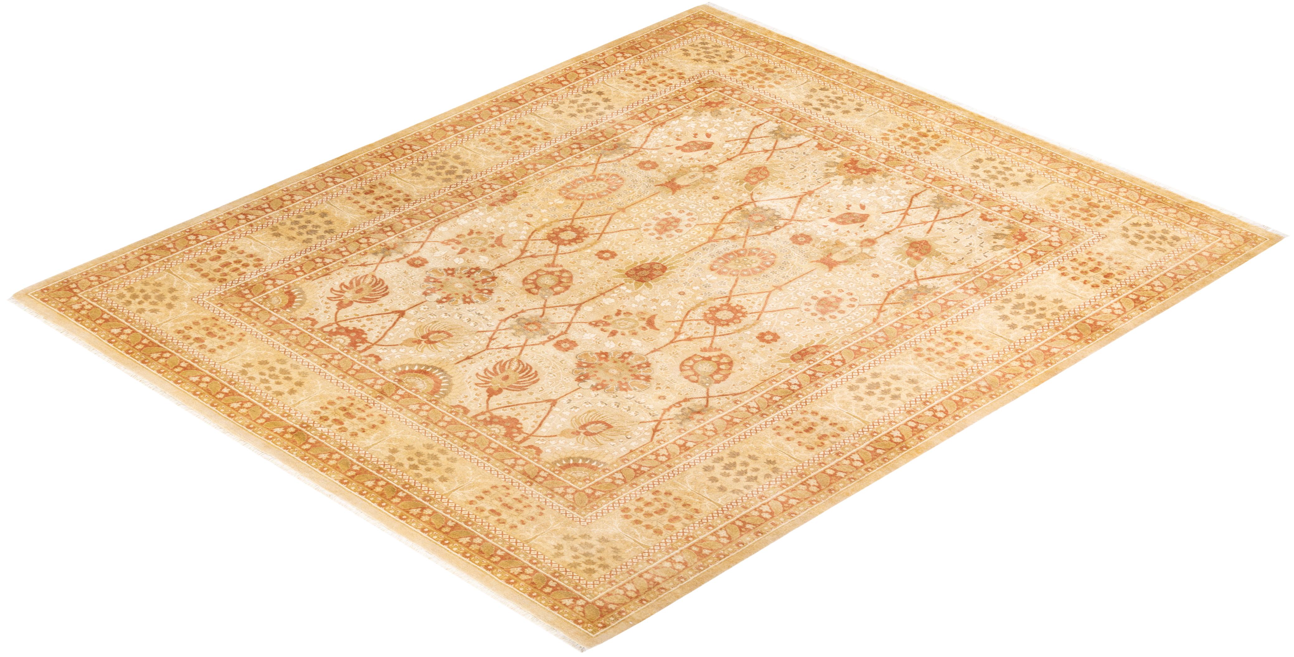 Handgeknüpfter elfenbeinfarbener Mogul-Teppich mit Blumenmuster, Unikat im Angebot 2