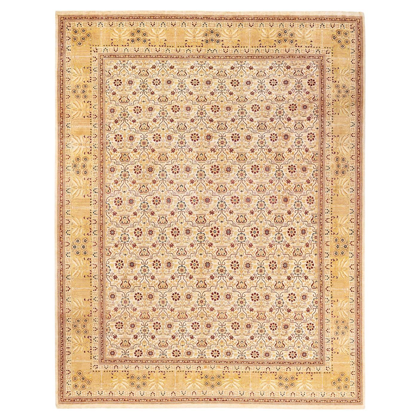 One-Of-A-Kind Hand Knotted Floral Mogul Ivory Area Rug 9' 1" x 11' 7" For Sale
