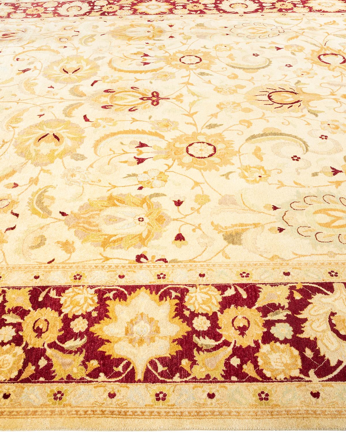 One-Of-A-Kind Hand Knotted Floral Mogul Ivory Area Rug In New Condition For Sale In Norwalk, CT