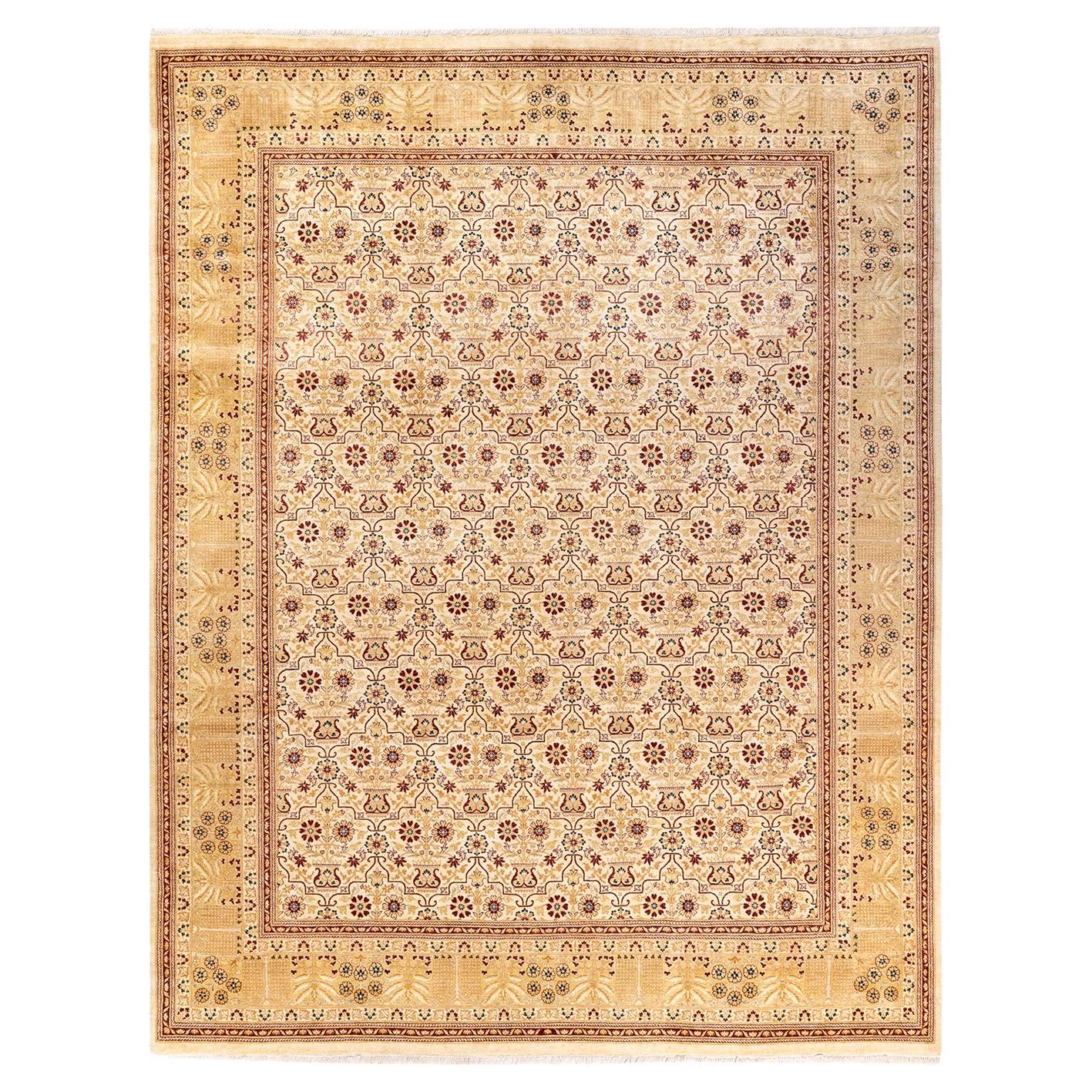 One-Of-A-Kind Hand Knotted Floral Mogul Ivory Area Rug