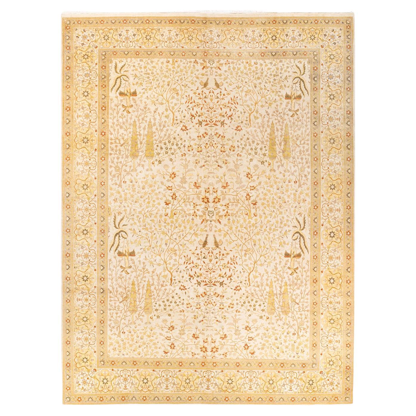 One-Of-A-Kind Hand Knotted Floral Mogul Ivory Area Rug