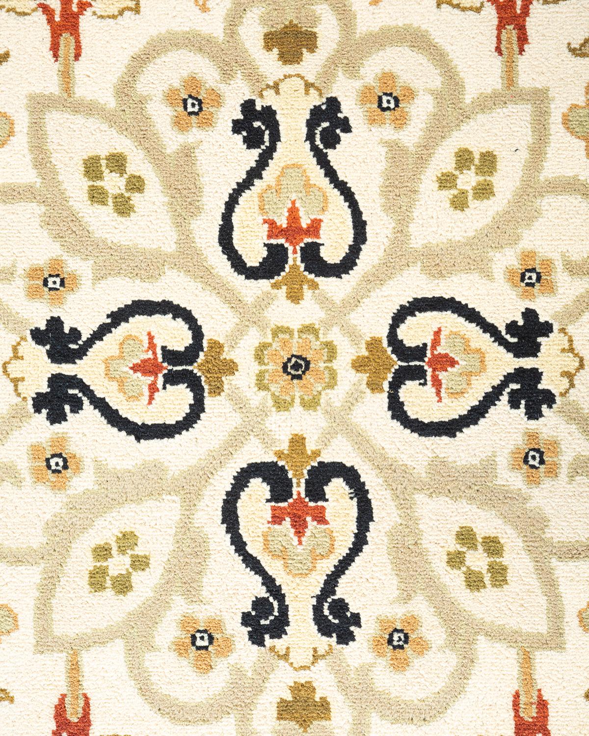Pakistani One-Of-A-Kind Hand Knotted Floral Mogul Ivory Area Rug For Sale