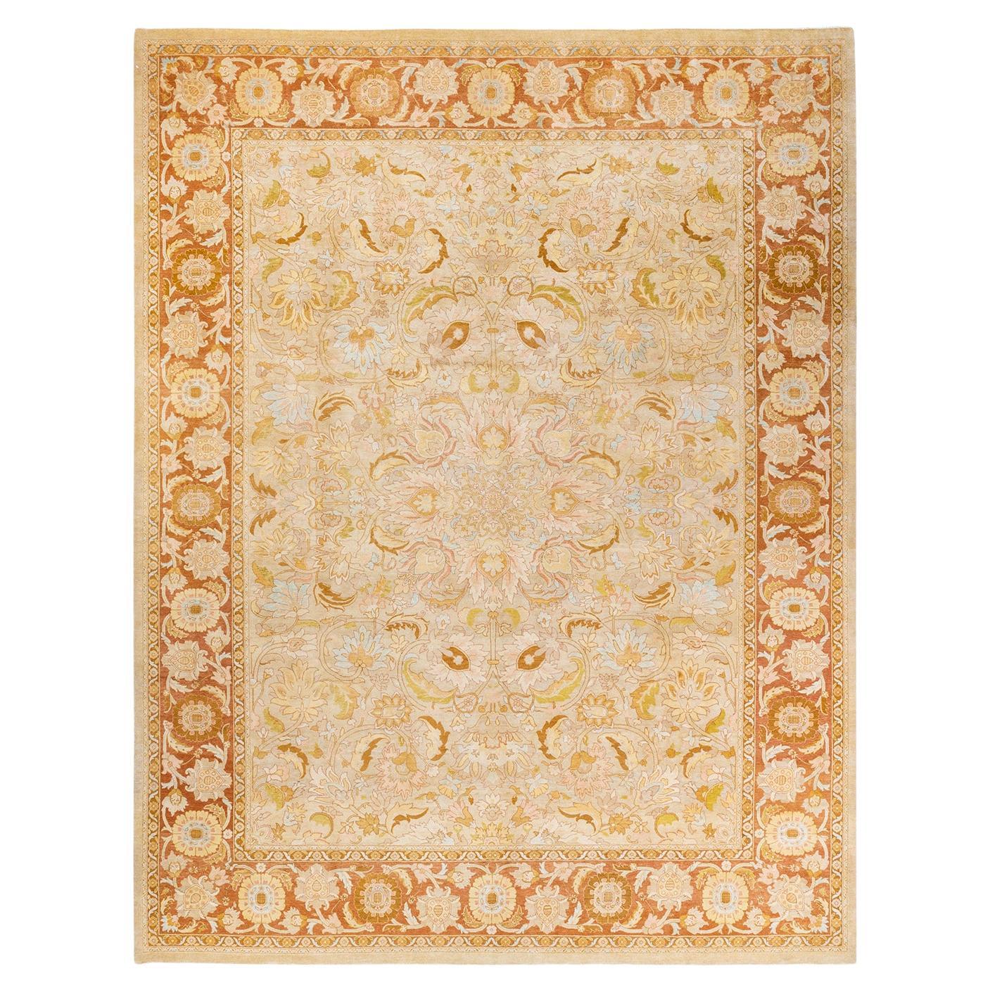 One-of-a-kind Hand Knotted Floral Mogul Ivory Area Rug 9' 2" x 12' 5" For Sale