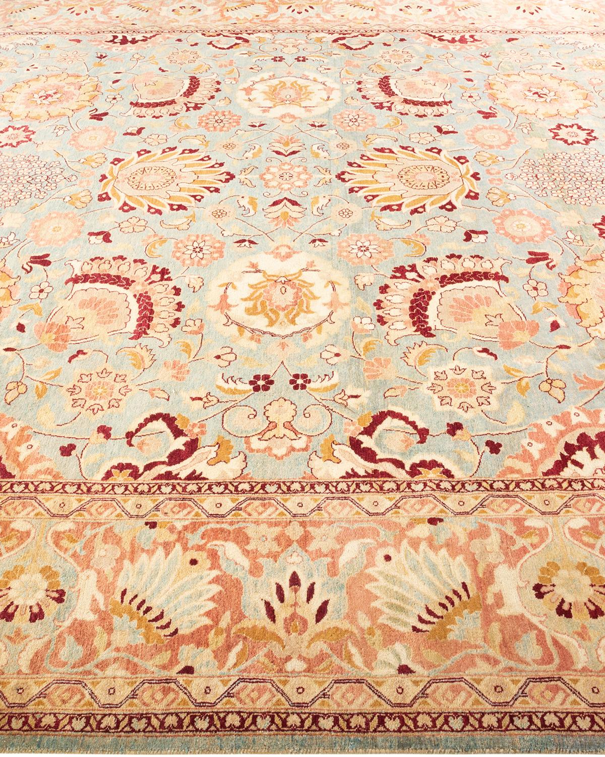 Laine Tapis Mogul bleu clair à fleurs noué à la main, unique en son genre en vente