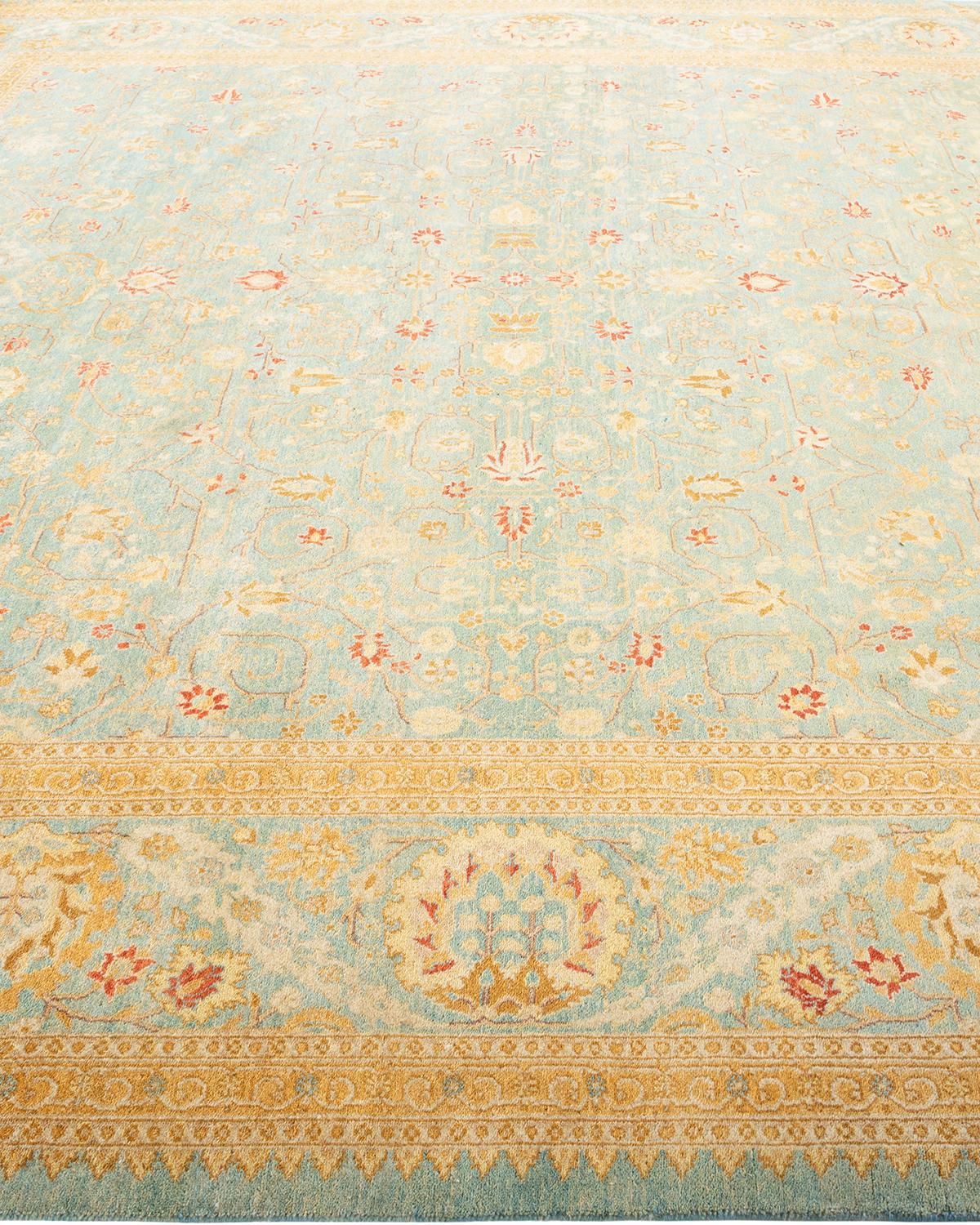 One-of-a-kind Hand Knotted Floral Mogul Light Blue Area Rug In New Condition For Sale In Norwalk, CT