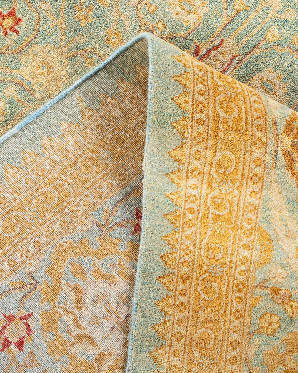 Wool One-of-a-kind Hand Knotted Floral Mogul Light Blue Area Rug For Sale