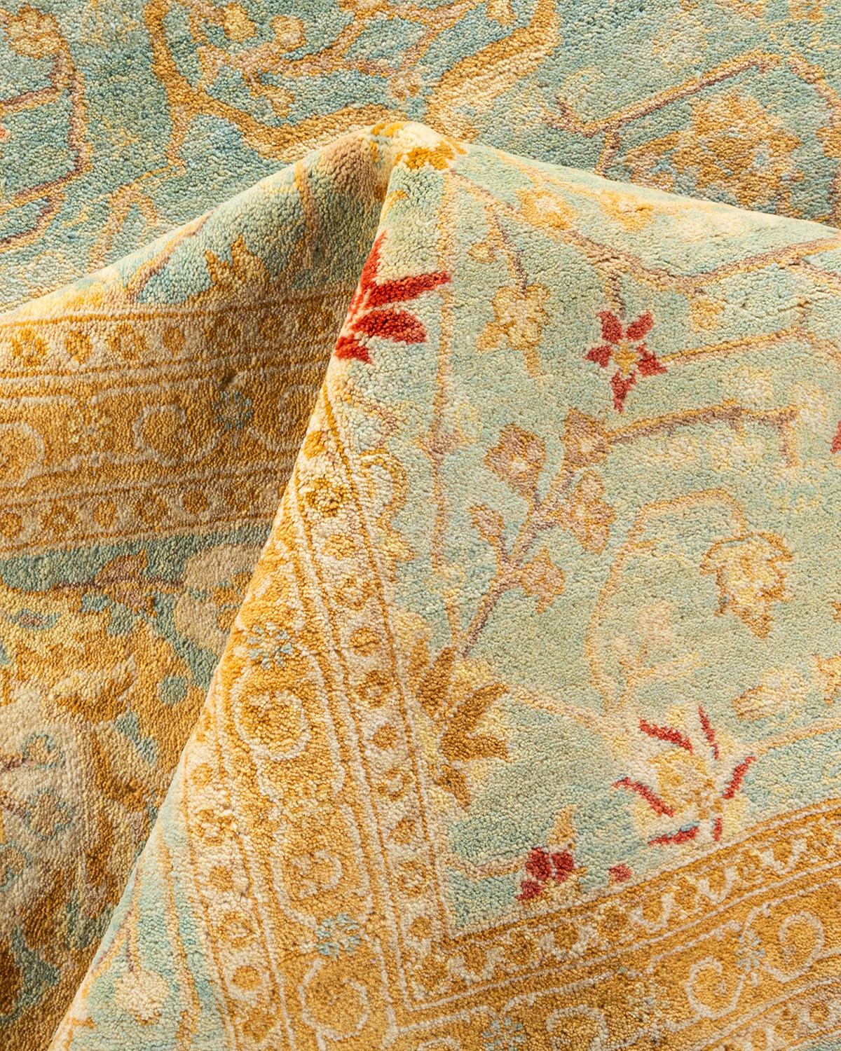 One-of-a-kind Hand Knotted Floral Mogul Light Blue Area Rug For Sale 1