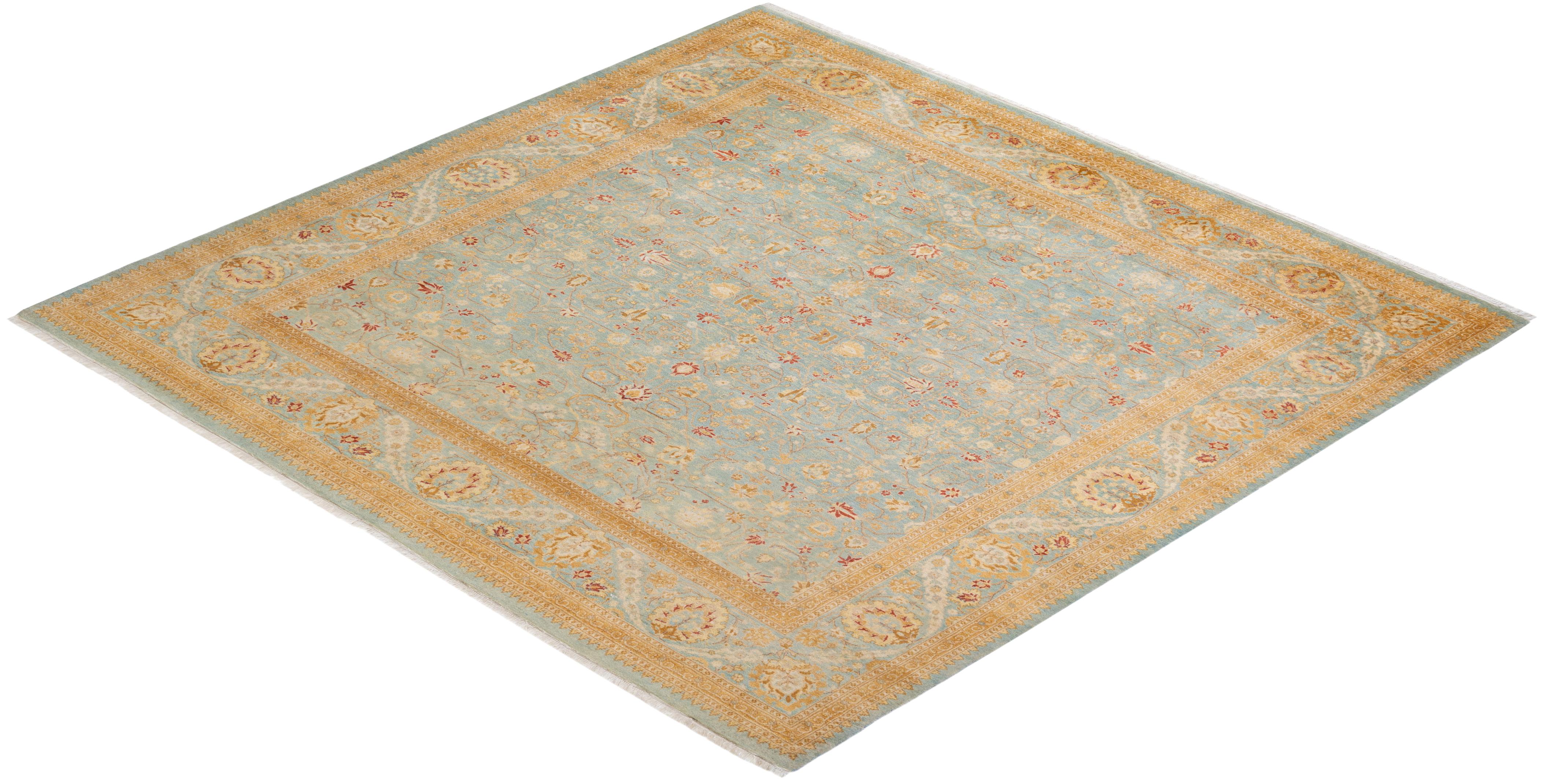 One-of-a-kind Hand Knotted Floral Mogul Light Blue Area Rug For Sale 2