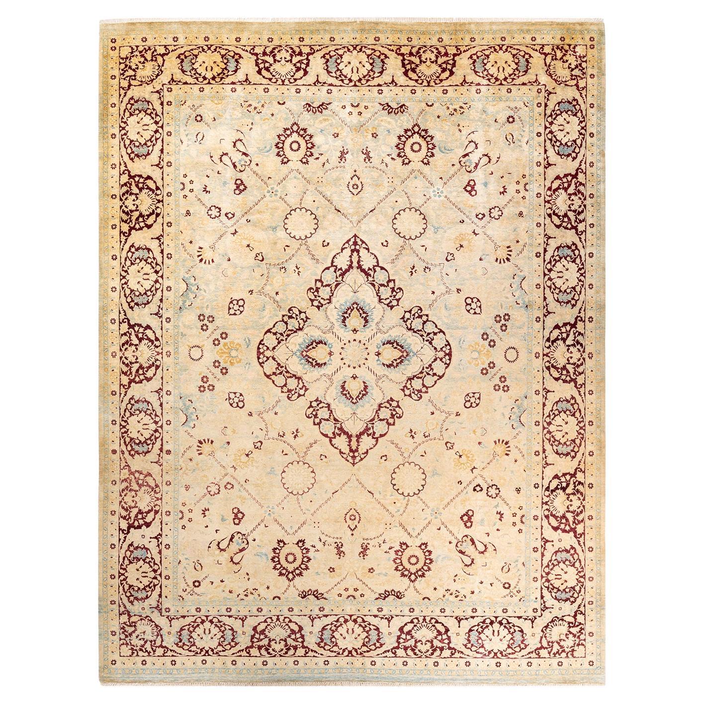 One-Of-A-Kind Hand Knotted Floral Mogul Light Blue Area Rug 9' 2" x 11' 10" For Sale