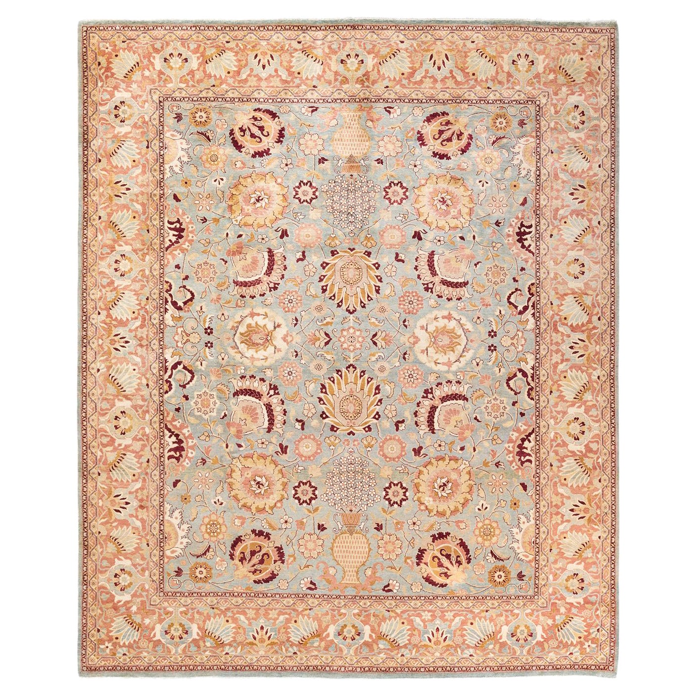 Tapis Mogul bleu clair à fleurs noué à la main, unique en son genre
