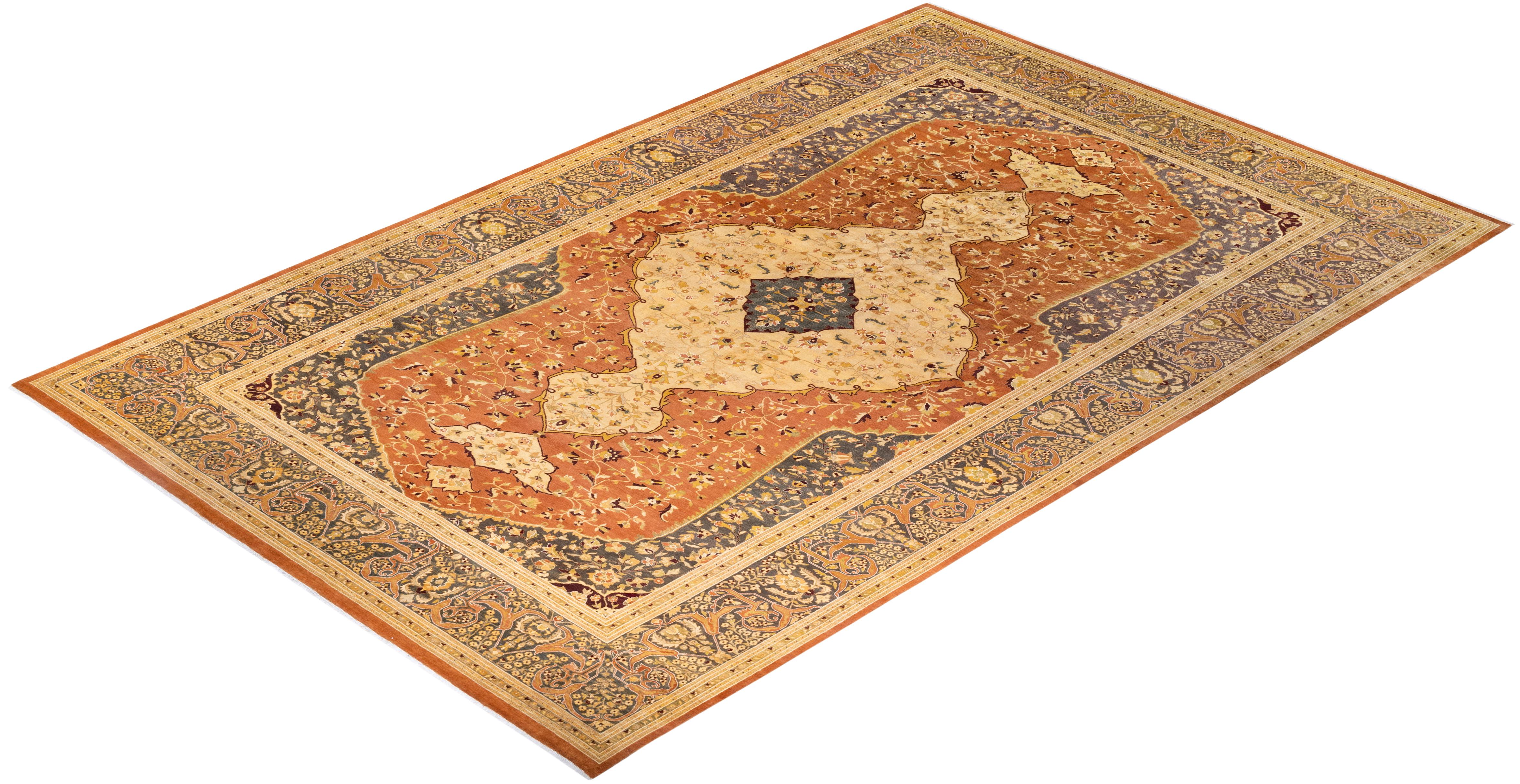 One-of-a-kind Hand Knotted Floral Mogul Orange Area Rug For Sale 2
