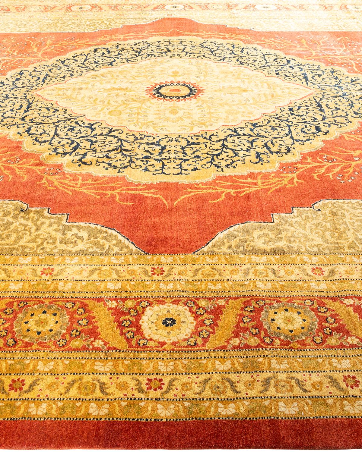 One-of-a-Kind Hand Knotted Floral Mogul Orange Area Rug 12' 1