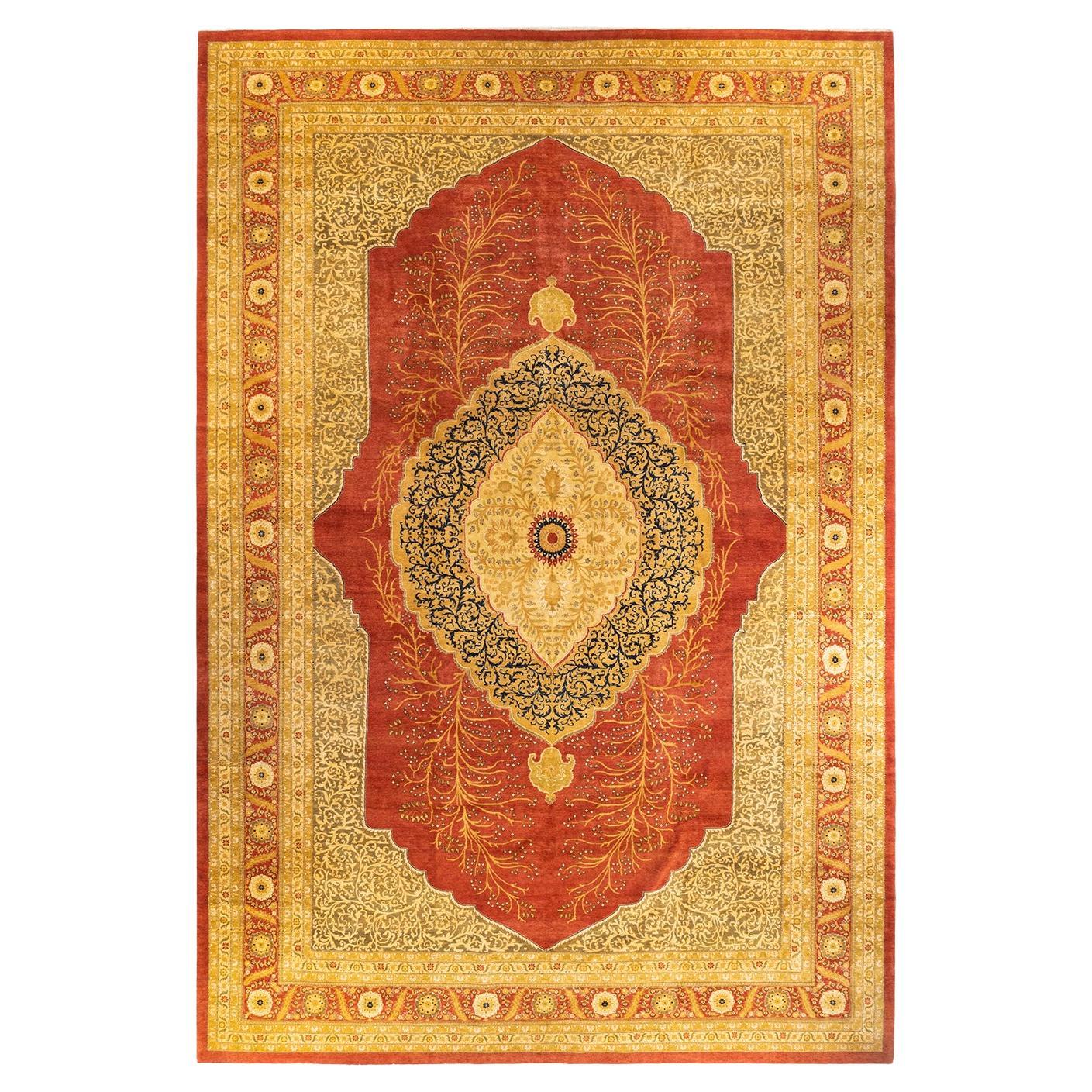 One-of-a-Kind Hand Knotted Floral Mogul Orange Area Rug 12' 1" x 18' 8" For Sale