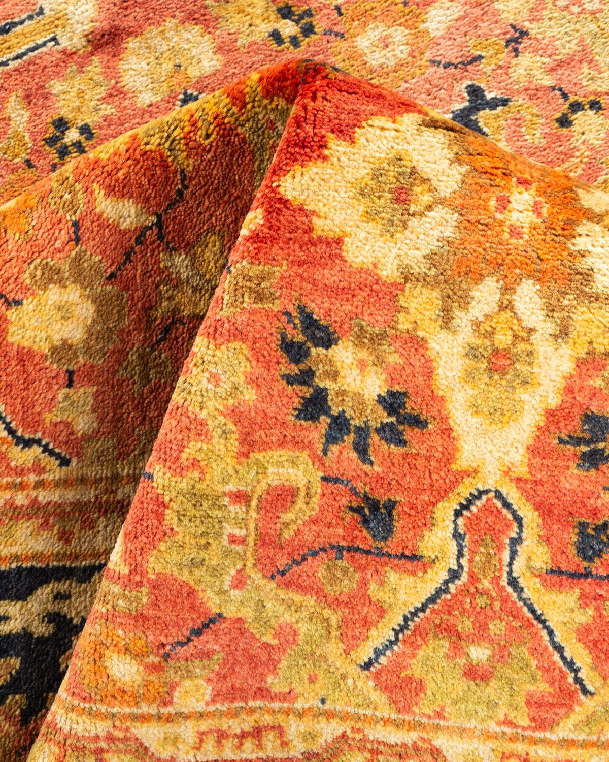 One-of-a-kind Hand Knotted Floral Mogul Orange Area Rug For Sale 1