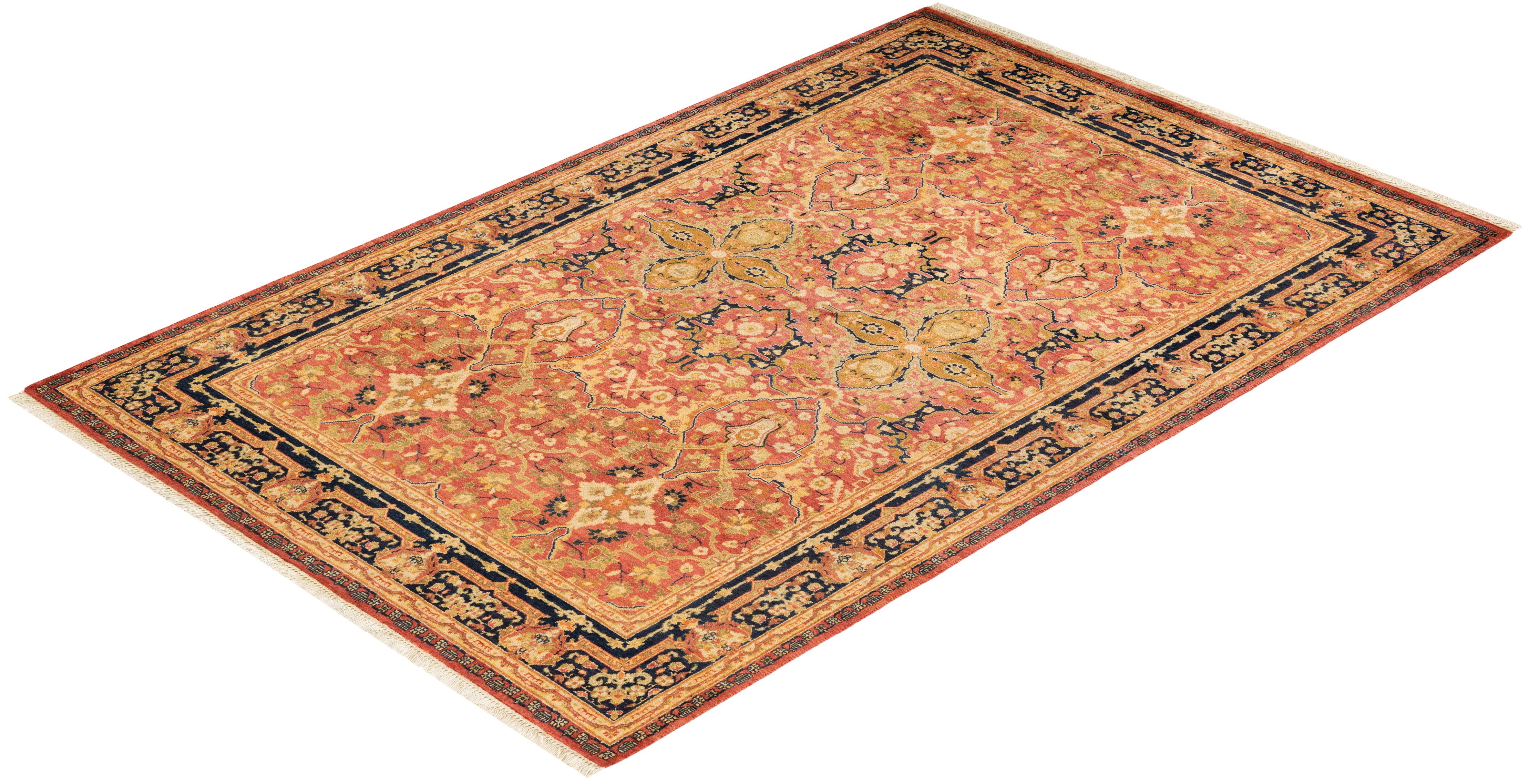 One-of-a-kind Hand Knotted Floral Mogul Orange Area Rug For Sale 2