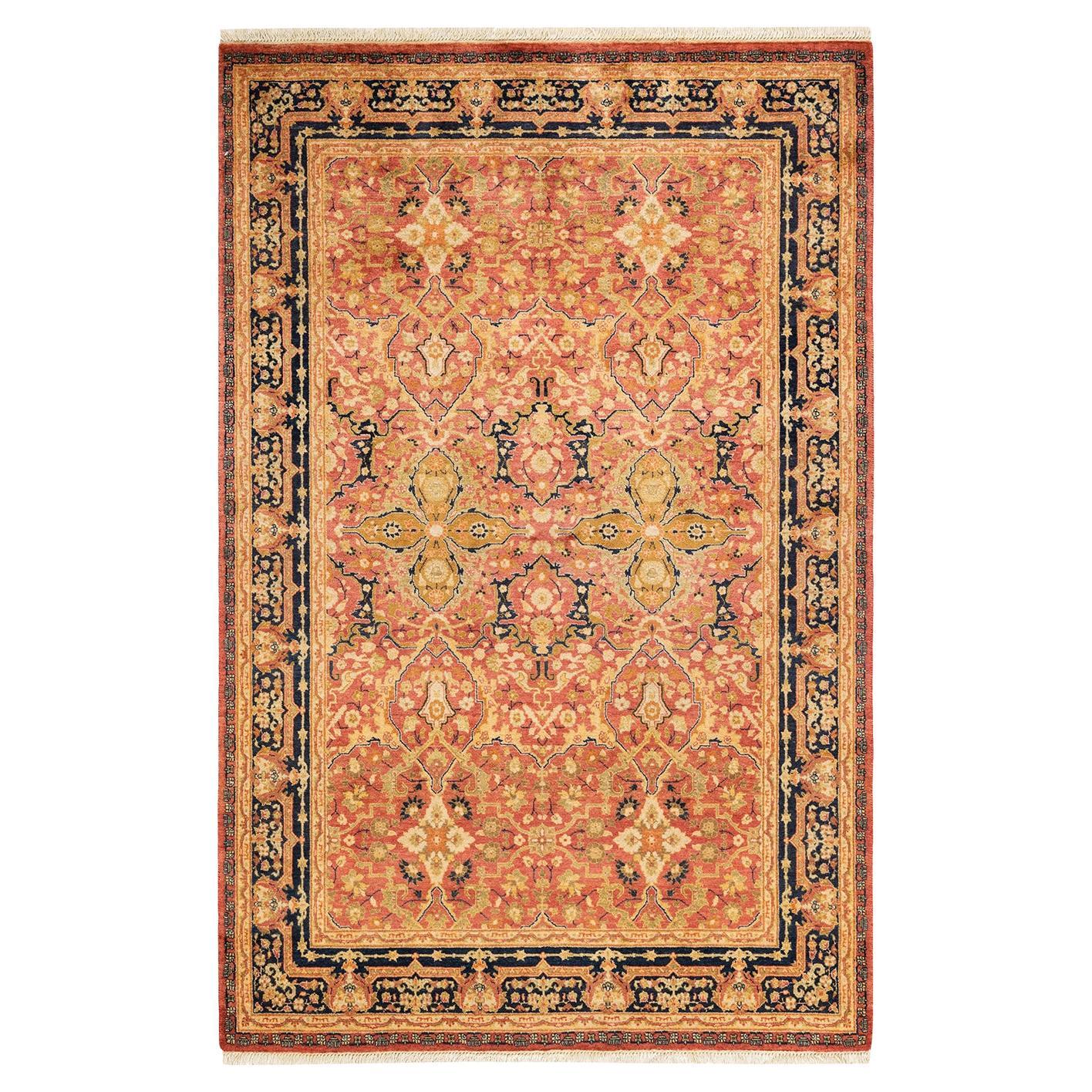 One-of-a-kind Hand Knotted Floral Mogul Orange Area Rug For Sale