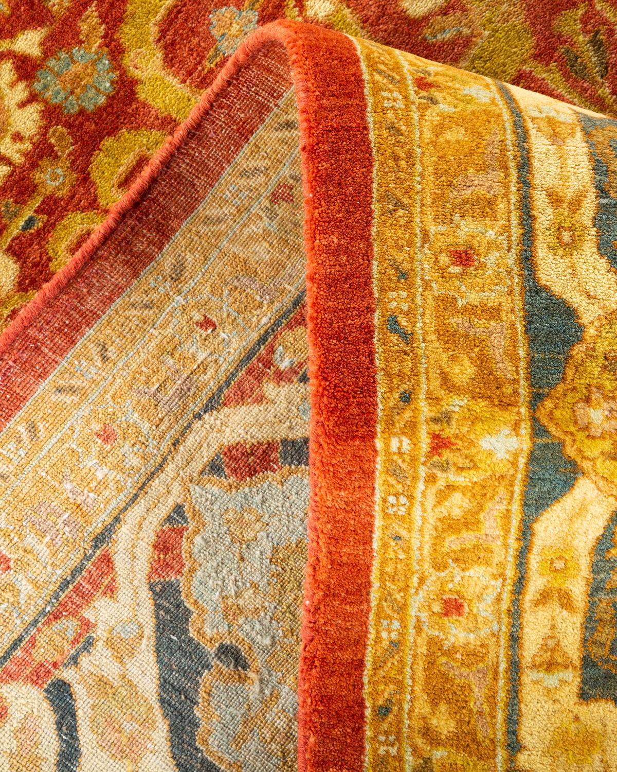 Handgeknüpfter, geblümter Mogul Orange Teppich, Unikat (Wolle) im Angebot