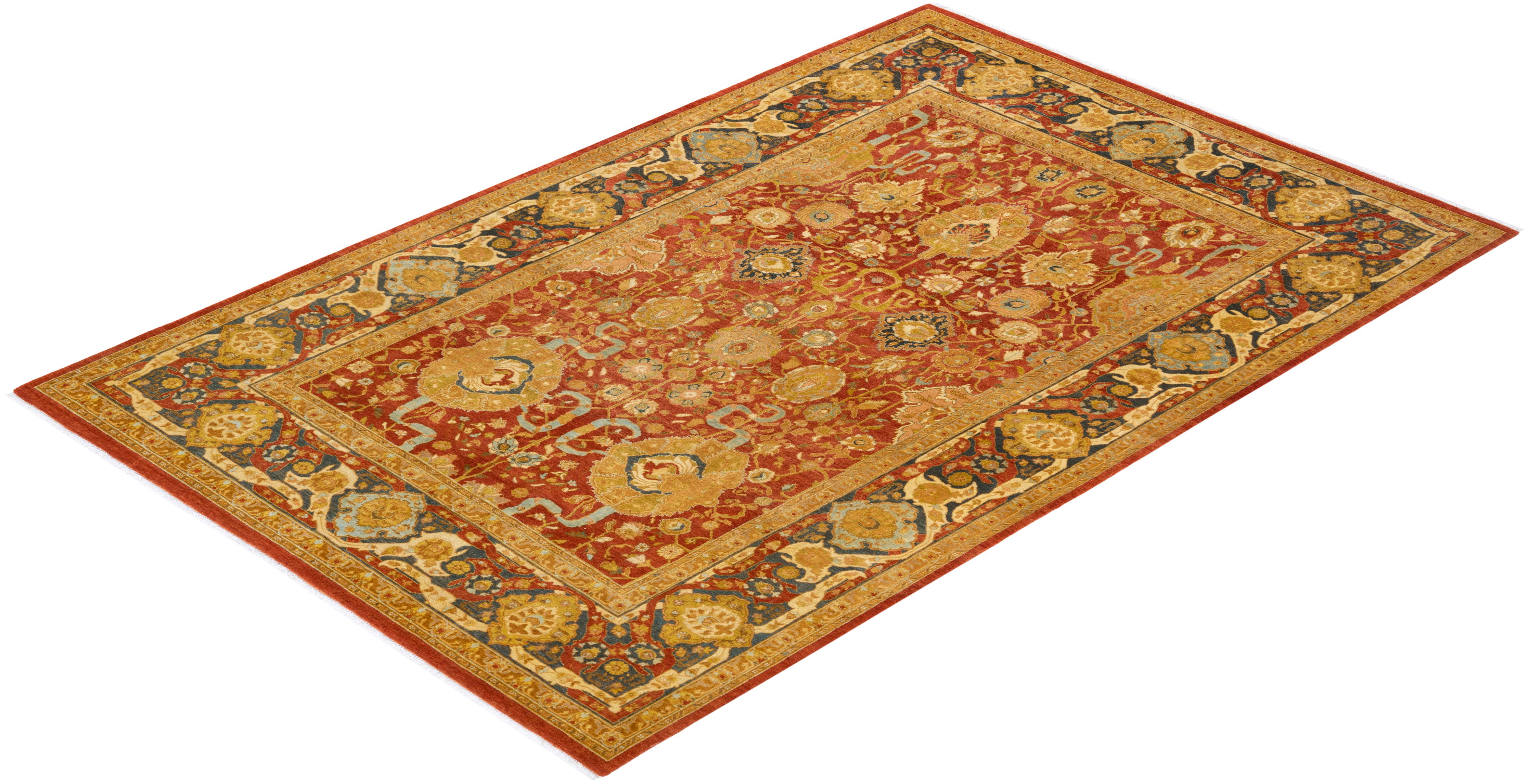 Handgeknüpfter, geblümter Mogul Orange Teppich, Unikat im Angebot 2